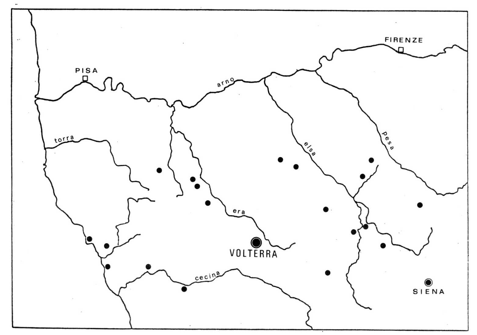 Fig. 1 - Area di diffusione delle urne volterrane.