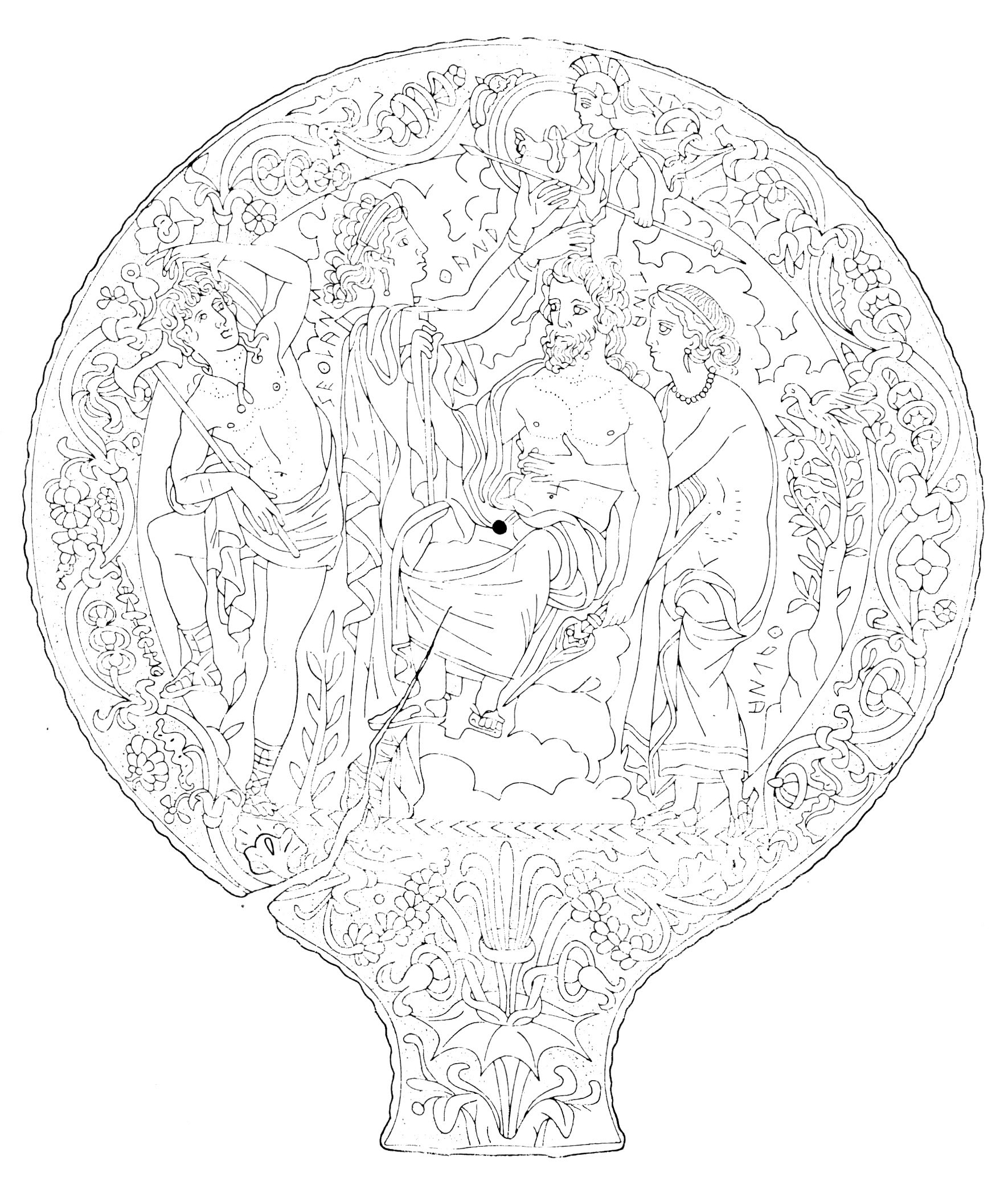 Fig. 25 - Specchio etrusco proveniente da Arezzo, con rappresentazione della nascita di Menr­ va (Athena) dal capo di Tinia (Zeus) (Bologna, Museo Civico).