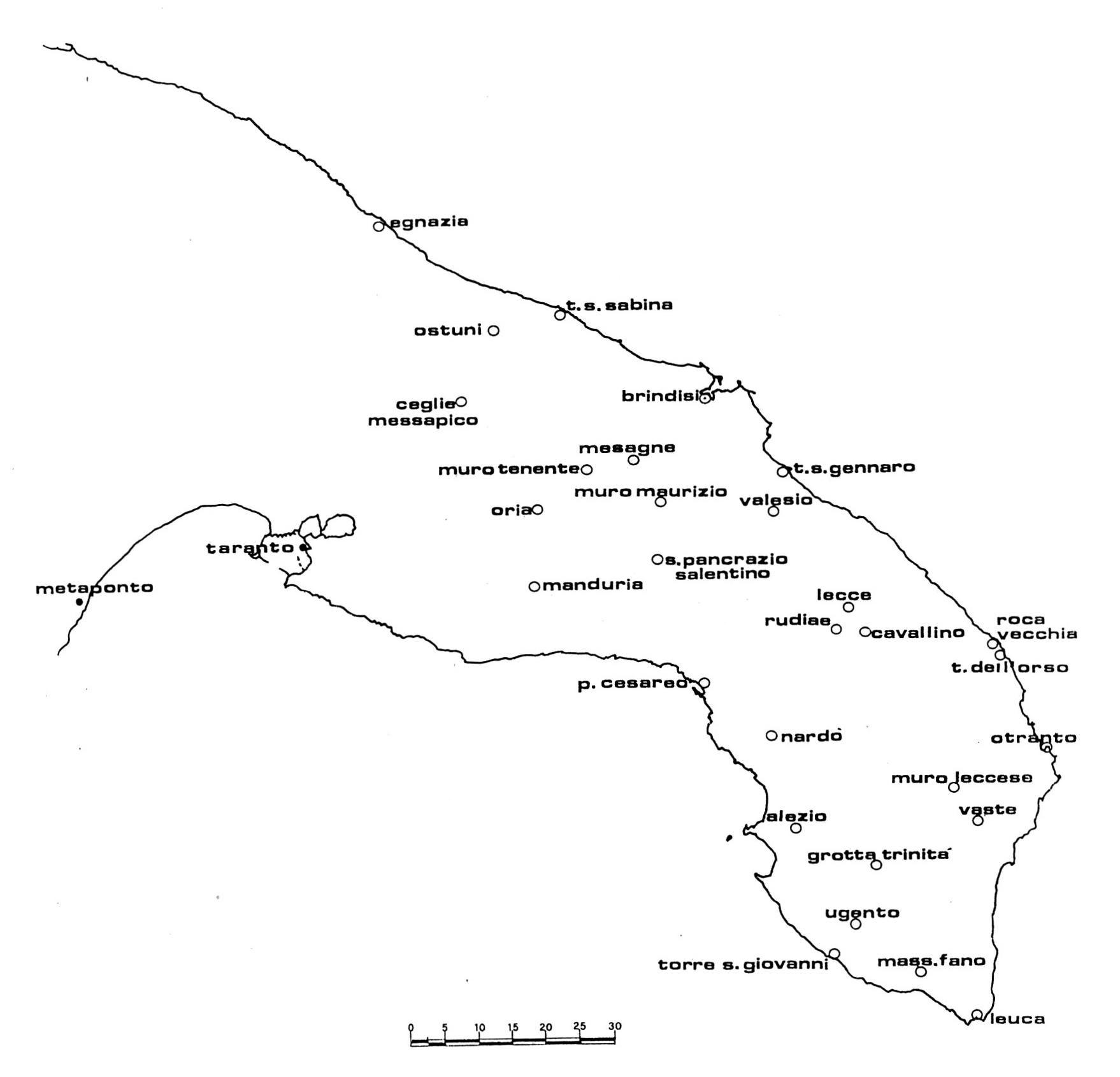 Fig. 1 - Cartina dei siti del Salento da cui provengono materiali databili fra 600 e 480 a.C.