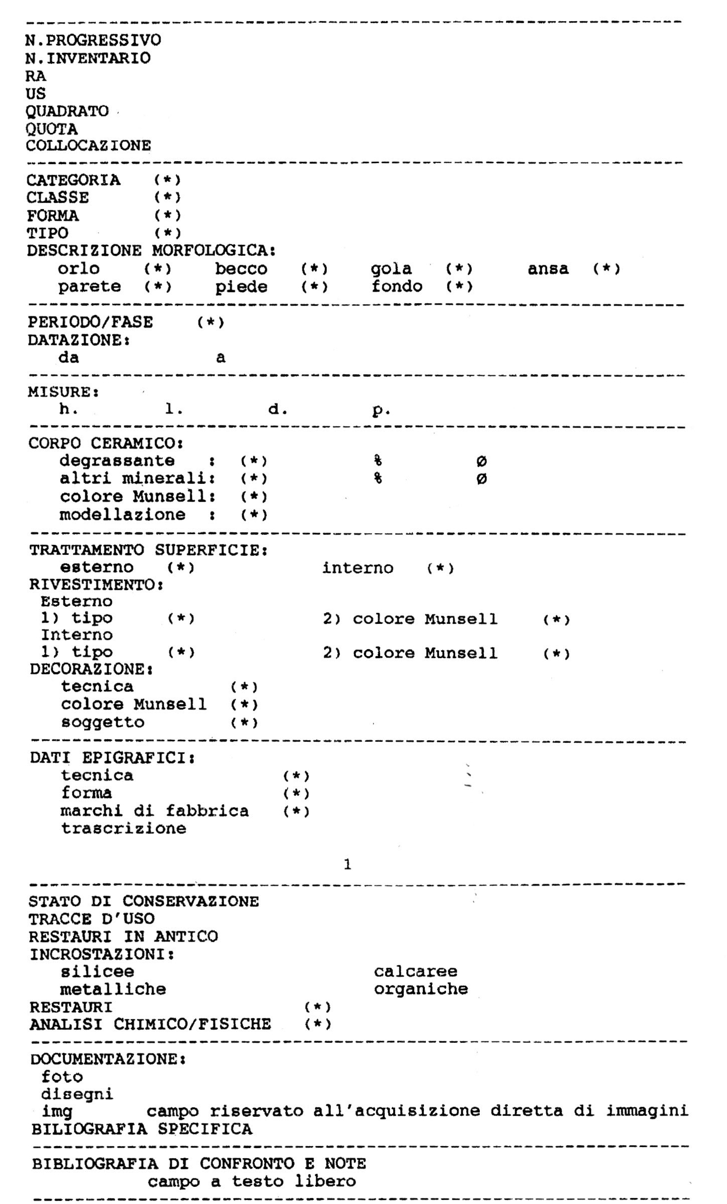 Fig. 4 - La scheda che raccoglie gli .attributi selezionati per definire i reperti ceramici.