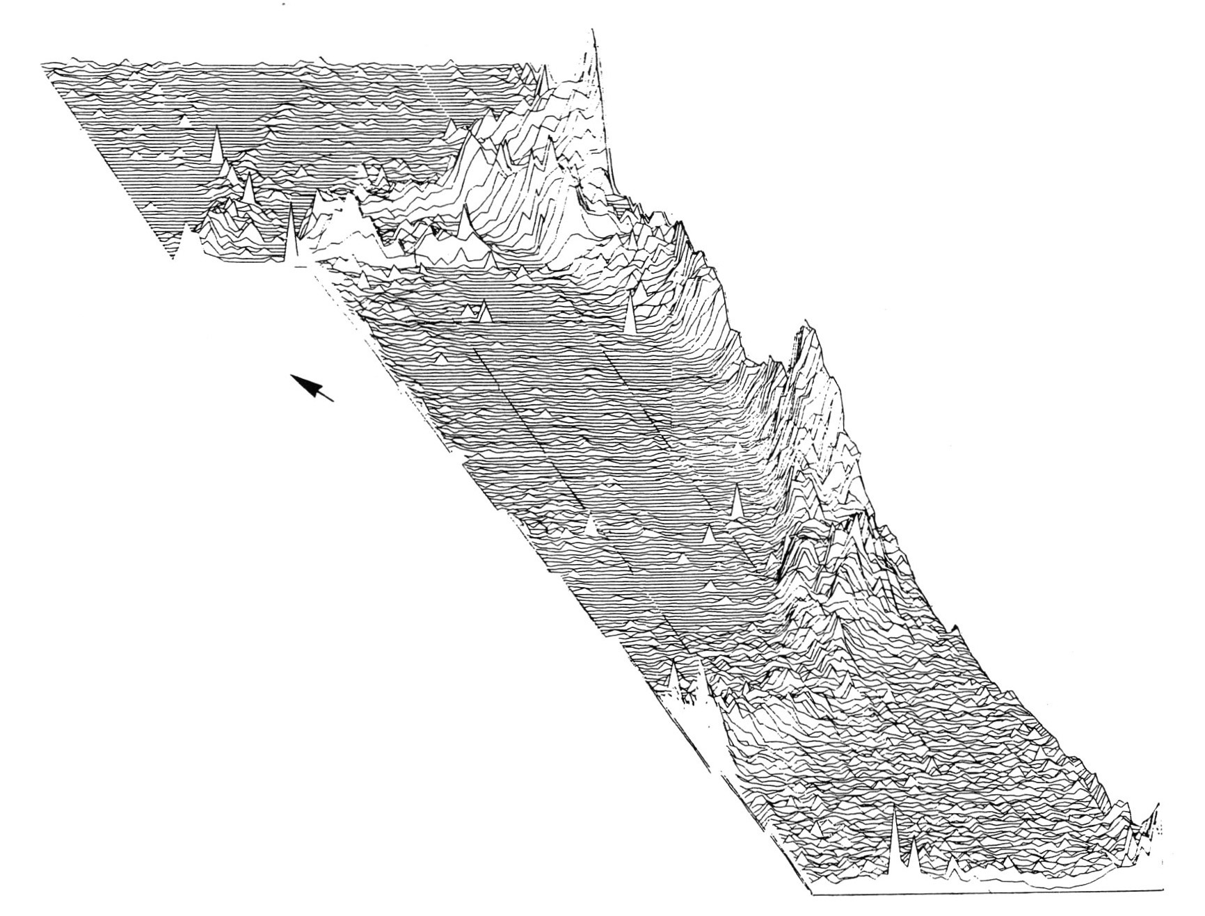 Fig. 3 - Canova - prospezioni elettriche sui campi 1 (parte), 2 (parte) e 3: rappresentazione tri-dimensionale dei valori di resistività (prospezioni ed elaborazione grafica compute­ rizzata di P. Howard - Univ. of Durham-G.B.).Fig. 4 - Malbona di S. Pietro Polesine - campo n. 28. A sinistra: mappa composita dei conte­ sti di superficie (linee sottili), del microrilievo (linee in grassetto: curve di livello ai 50 cm.), dell' area di raccolta, del disegno della griglia di campionamento (modulo = 5 x 5 m.) e della frequenza assoluta normalizzata del numero di frammenti cera­ mici (simbolo = cerchio di ampiezza _proporzionale alla frequenza). A destra: mappa composita dei contesti di superficie e della frequenza assoluta normalizzata di tre classi di reperti: frammenti ceramici (numero), laterizi (comprensivi di te ole, coppi, matto­ ni, tegole da riscaldamento e materiale non attribuibile) e trachite (simboli di ampiezza proporzionale alla frequenza).