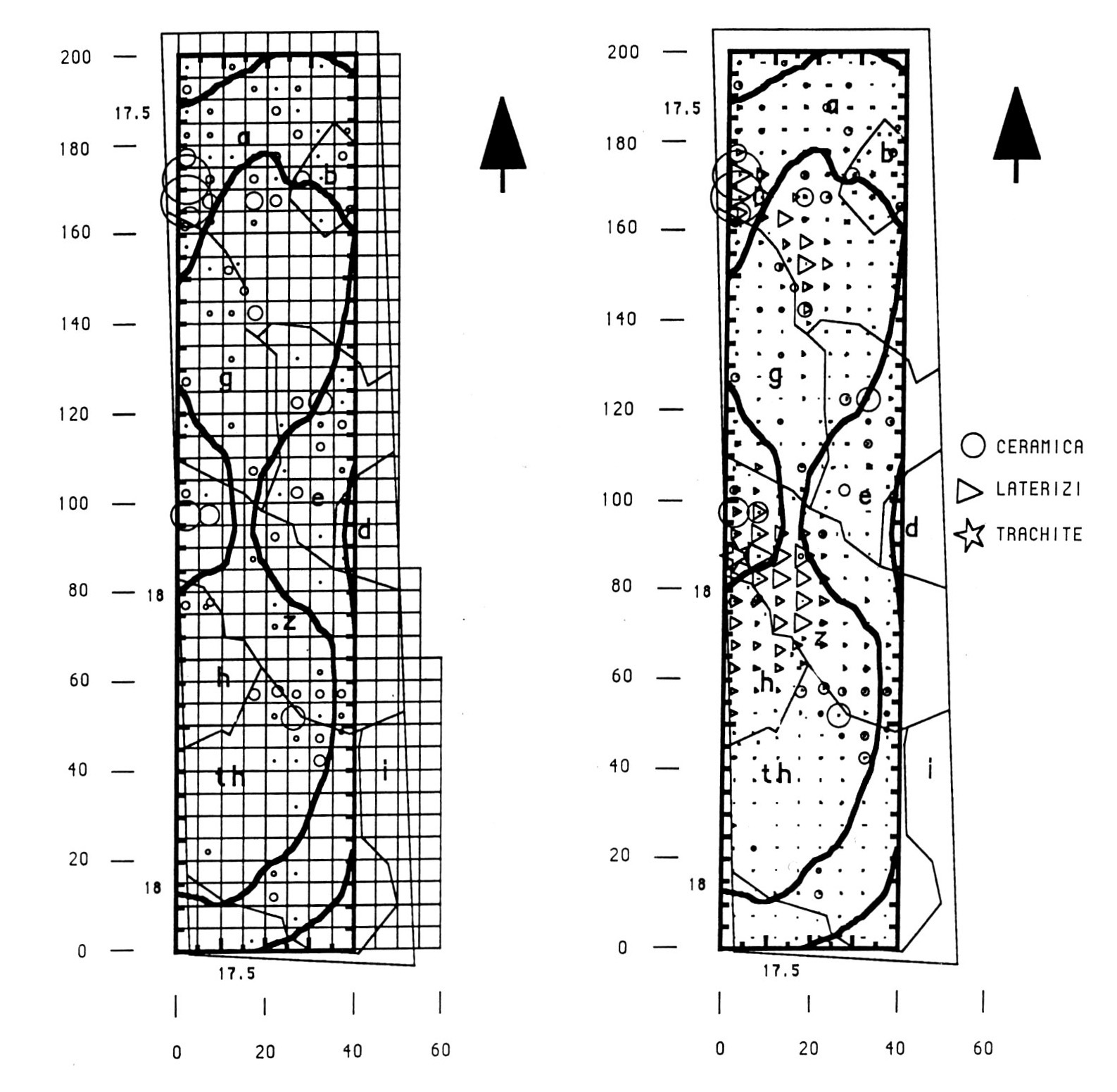 Fig. 5 - Survey di "media intensità" (S. Pietro Polesine 1987; 1988). In alto: tabella statistica sull'areale coperto e sui clusters rinvenuti per macro-fase crono-culturale. In basso: tabella classificatoria dei vari tipi di strategie di raccolta esperiti sul campo (dr. testo. Elaborazione computerizzata di A. Malgarise).