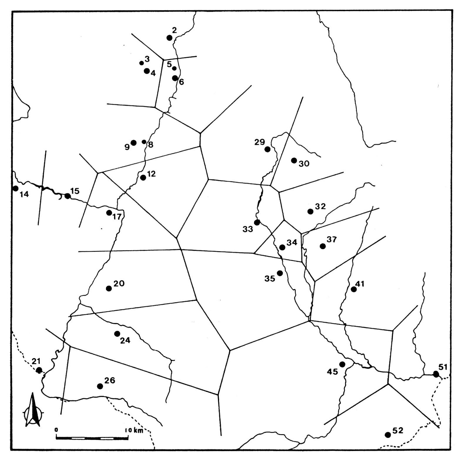 Fig. 4 - Territorialidad teorica de los asentamientos del Bronce Medio (1600-1300 B.C.).