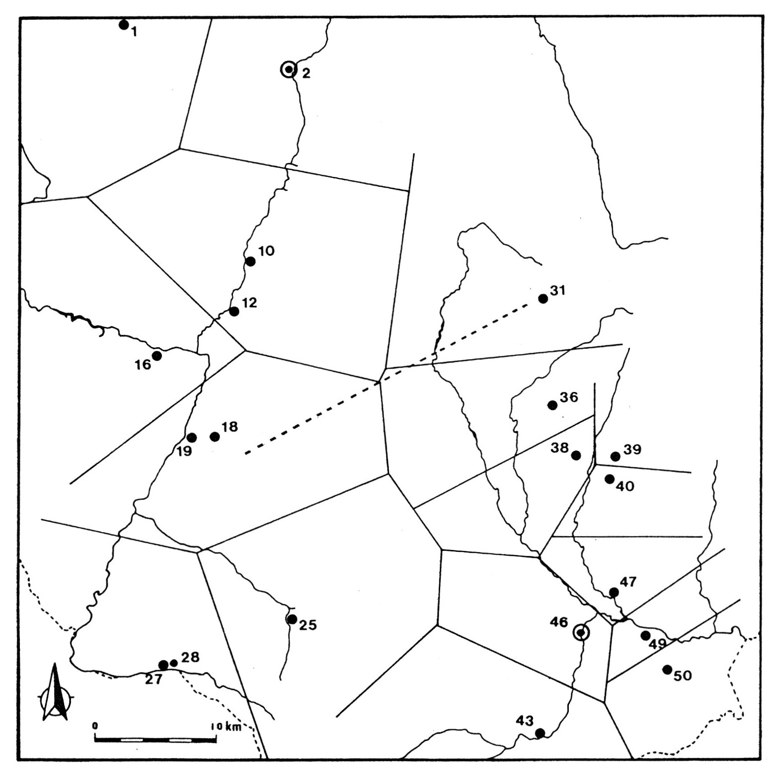 Fig. 5 - Representación grafica del 1°, 2° y 3° vecinos mas próximos entre todos los asentamientos.