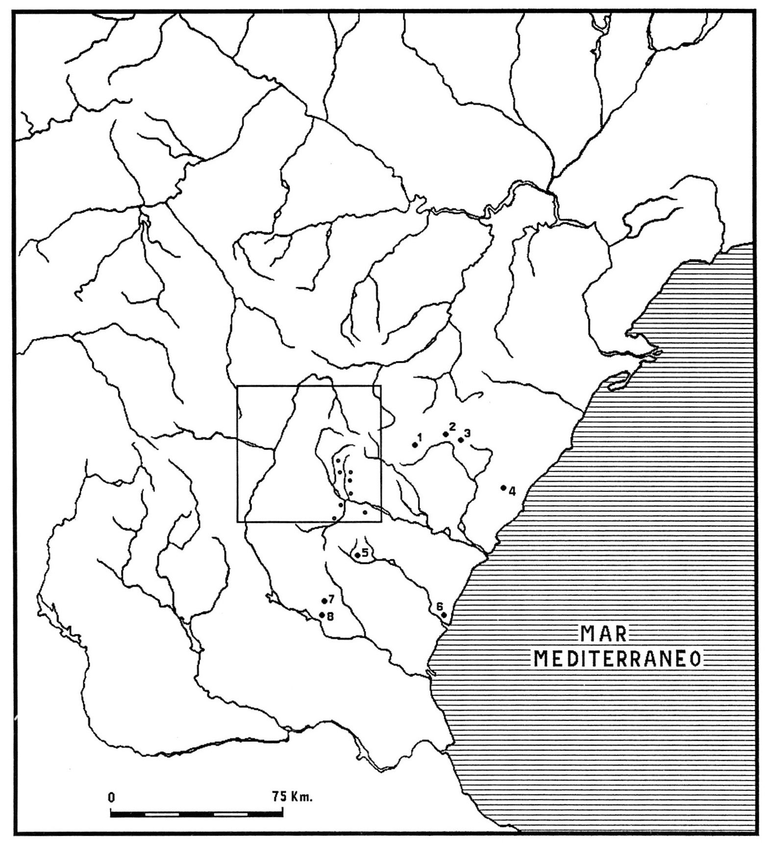 Fig. 18 - Situación de los asentamientos citados con decoraciones plasticas multiples. 1. Osicerda II, 2. Ereta del Castellar, 3. Les Plantes, 4. El Mortorum, 5. Pena de la Duefia, 6. Pie dels Corbs, 7. La Atalayuela, 8. Puntai de Cambra.