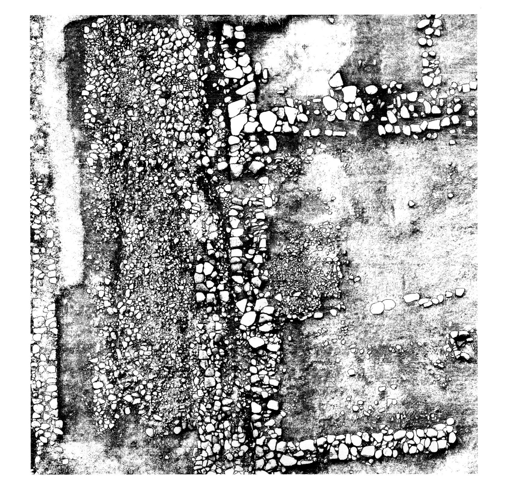 Fig. 1 - Piano di Misano (Comune di Marzabotto-Bologna): particolare del settore IV, isolato 2 (Settembre 1989). Direzione degli scavi Giuseppe Sassatelli. Dati ripresa: supporto a giraffa; altezza dal piano di posa 250 cm, focale 8.5 mm, rapporto di scala in digitalizzazione 1:5 (risoluzione 640x480 pixel), n.fotogrammi 98, tempo di ripresa 194 minuti. Digitalizzatore MacVision: risoluzione 1 bit; processamento su Apple Macintosh SE (2 Mb RAM, 40 HD); montaggio su Canvas 2.0; dimensione 1100 Kbyte.