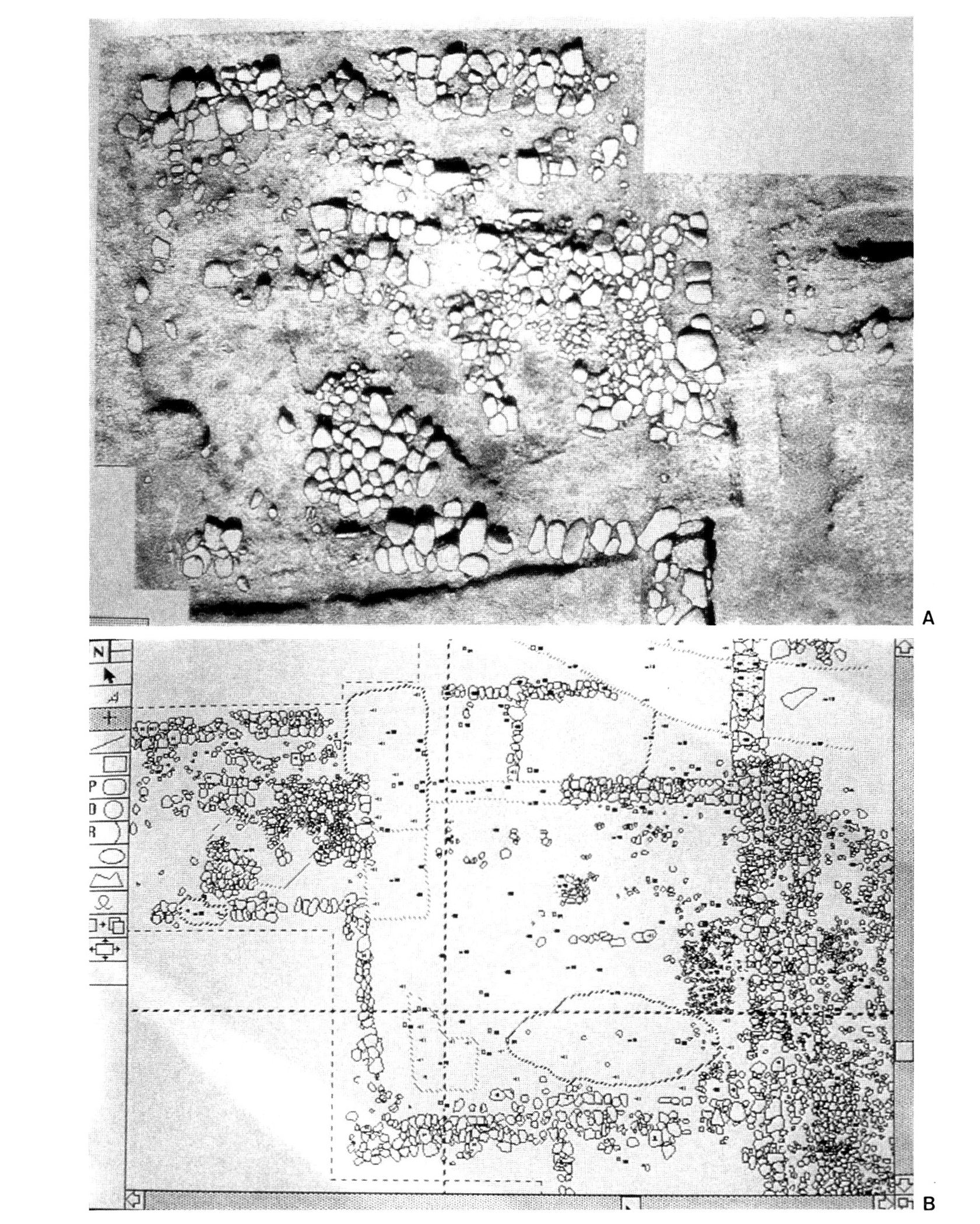 Fig. 2 - A: Piano di Misano, settore IV, isolato 2. Particolare dell'area cortilizia (Settembre 1989). Dati ripresa: supporto a giraffa; altezza dal piano di posa 250 cm, focale 8.5 mm, rapporto di scala in digitalizzazione 1:5 (risoluzione 640x480 pixel), n.fotogrammi 60, tempo di ripresa 116 minuti. Digitalizzatore MacVision: risoluzione colore 8 bit; processamento su Apple Macintosh SE (2 Mb RAM, 40 HD); montaggio su Photoshop 1.0.7; dimensione 647 Kb. B: Piano di Misano, settore IV, isolato 2. Quadro d'unione dell'area cortilizia in grafica vettoriale (Novembre 1989). Elaborazione vettoriale da documento raster su Mac- Draft 1.2b; dimensione 340 Kb.