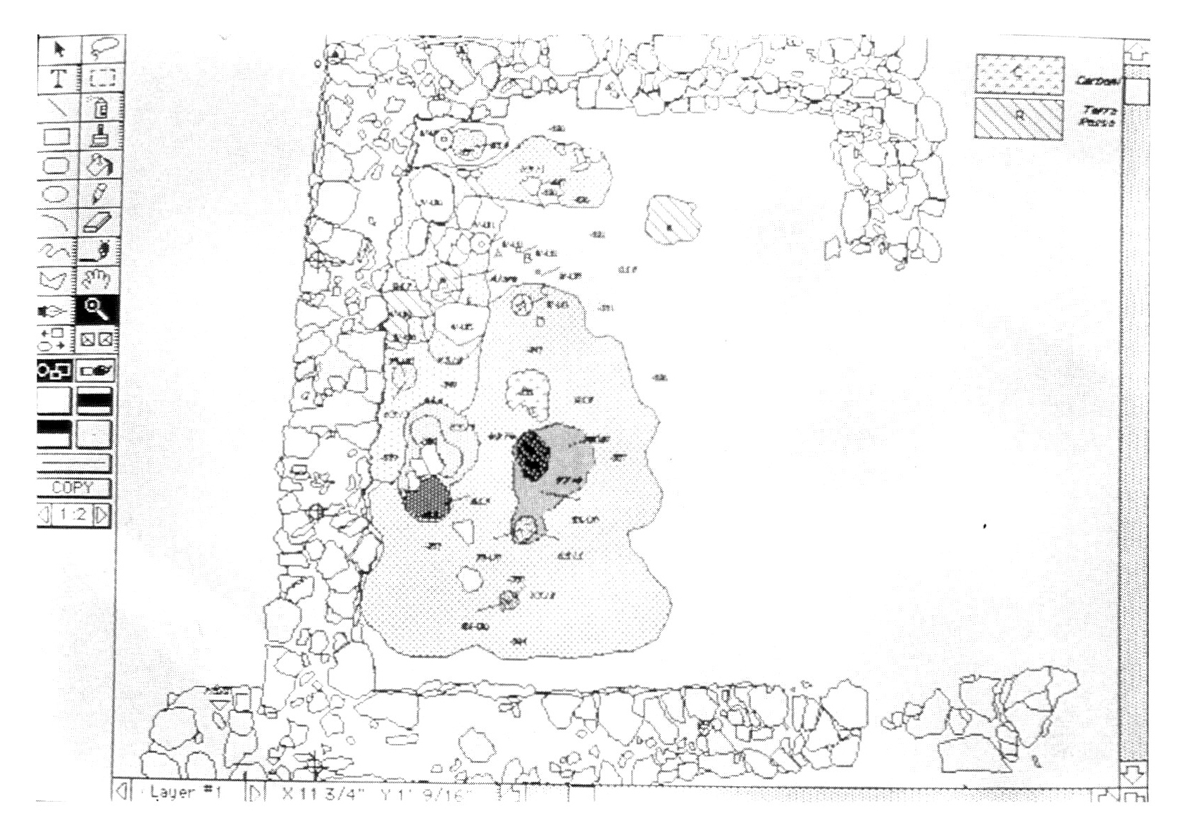 Fig. 4 - Monte Bibele (comune di Monterenzio, Bologna). Abitato di Pianella di Monte Savino, casa 3 (Luglio 1986). Direzione degli scavi Daniele Vitali. Mura perimetrali e documentazione dei materiali e delle unità stratigrafiche relative al piano di vita (Luglio 1986). Dati ripresa: supporto a giraffa, altezza dal piano di posa 210 cm, focale 8.5 mm, rapporto di scala in digitalizzazione 1:4.3 (risoluzione 640x480 pixel), n.fotogrammi 48, tempo di ripresa 95 minuti. Digitalizzatore MacVision, risoluzione colore 8 bit; processamento su Apple Macintosh SE (2 Mb RAM, 40 HD); montaggio su MacDraft 1.2b; vettorializzazione su Canvas 2.0; dimensione 91 Kb.