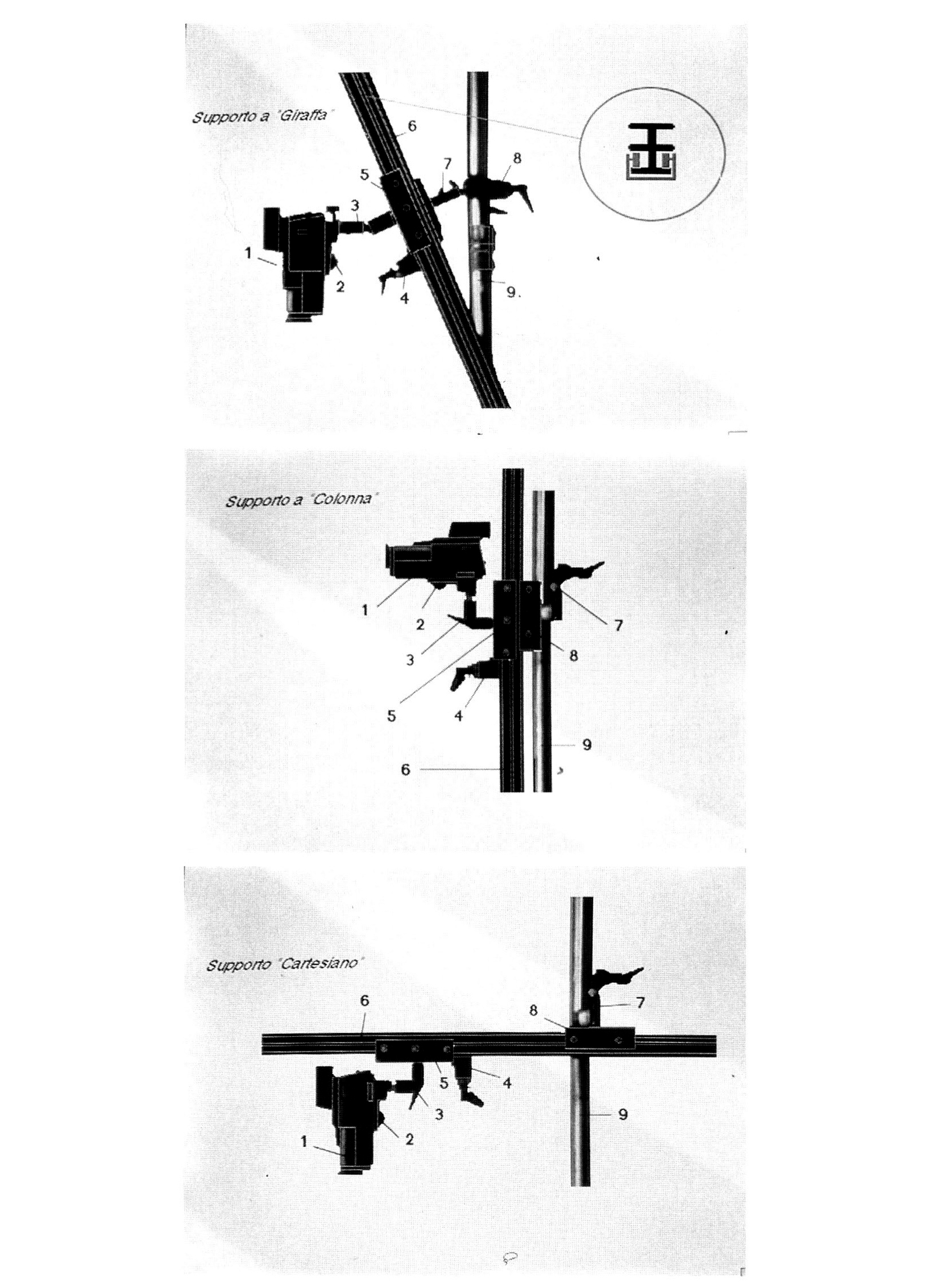 Fig. 5 - Configurazioni del supJ:Jorto.1) Videocamera; 2) Piatto porta telecamera; 3) Giunto carrello; 4) Blocco carrello; 5) Carrello a 6 ruote; 6) Rotaia; 7) Giunto rotaia-montante; 8) Attacco montante; 9) Montante.Fig. 6 - Al-A2: Monte Bibele: abitato di Pianella di Monte Savino. Particolare di buca di palo della casa 2: raddrizzamento prospettico di veduta in scorcio; programma Studio8 (comando De/ine Perspective). A4-A3: Pian di Misa, Marzabotto. Particolare di mura di fondazione in ciottoli: raddrizzamento della distorsione radiale del fotogramma (prospettiva centrale); programma Photoshop 1.0.7 (comando "Effetto lente"-20%).