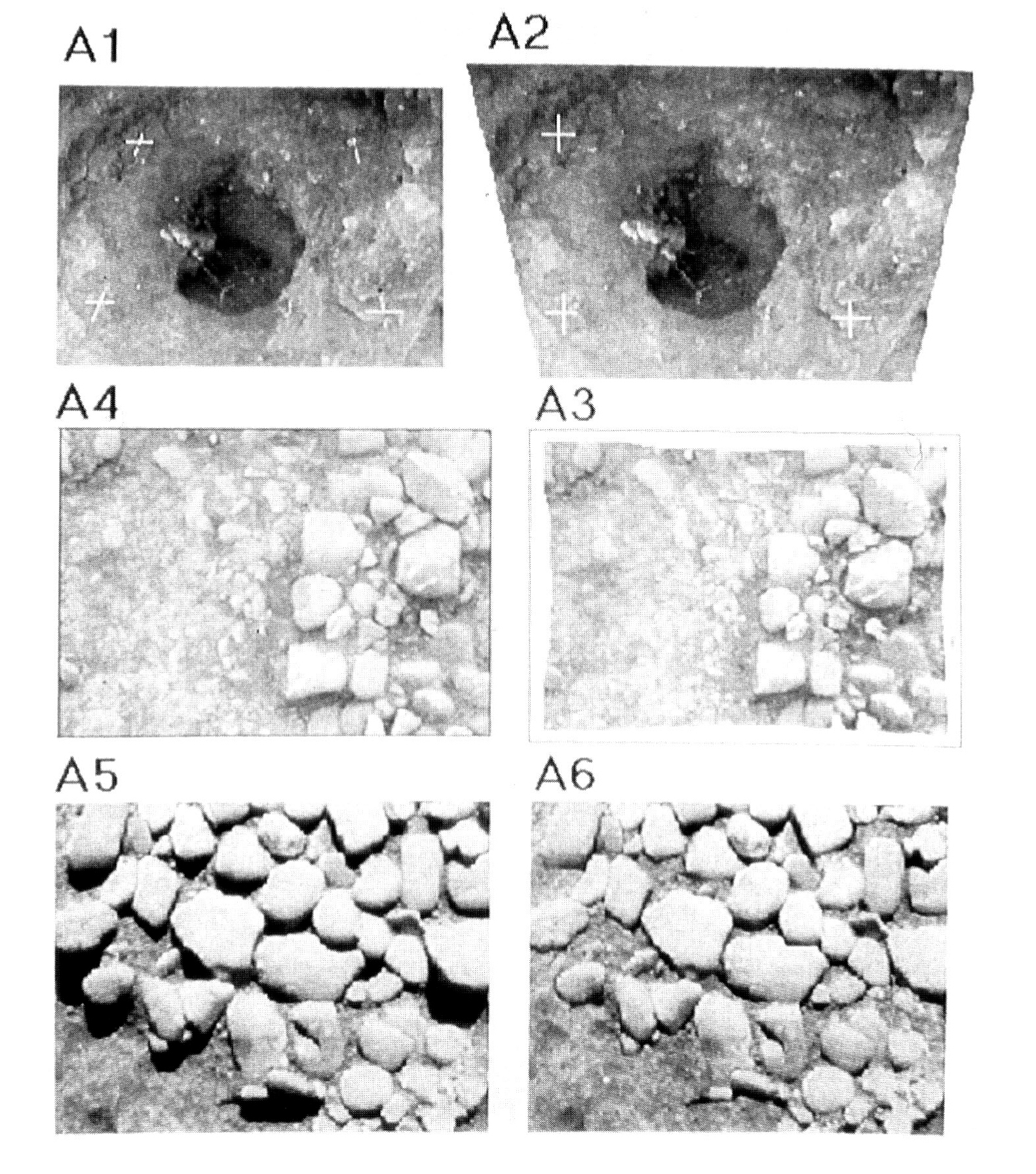 Fig. 6 - A5-A6: Pian di Misa, Marzabotto. Particolare di piano stradale in ciottoli: ritocco fotografico; esempio di eliminazione delle ombre (programma Photoshop 1.0.7).