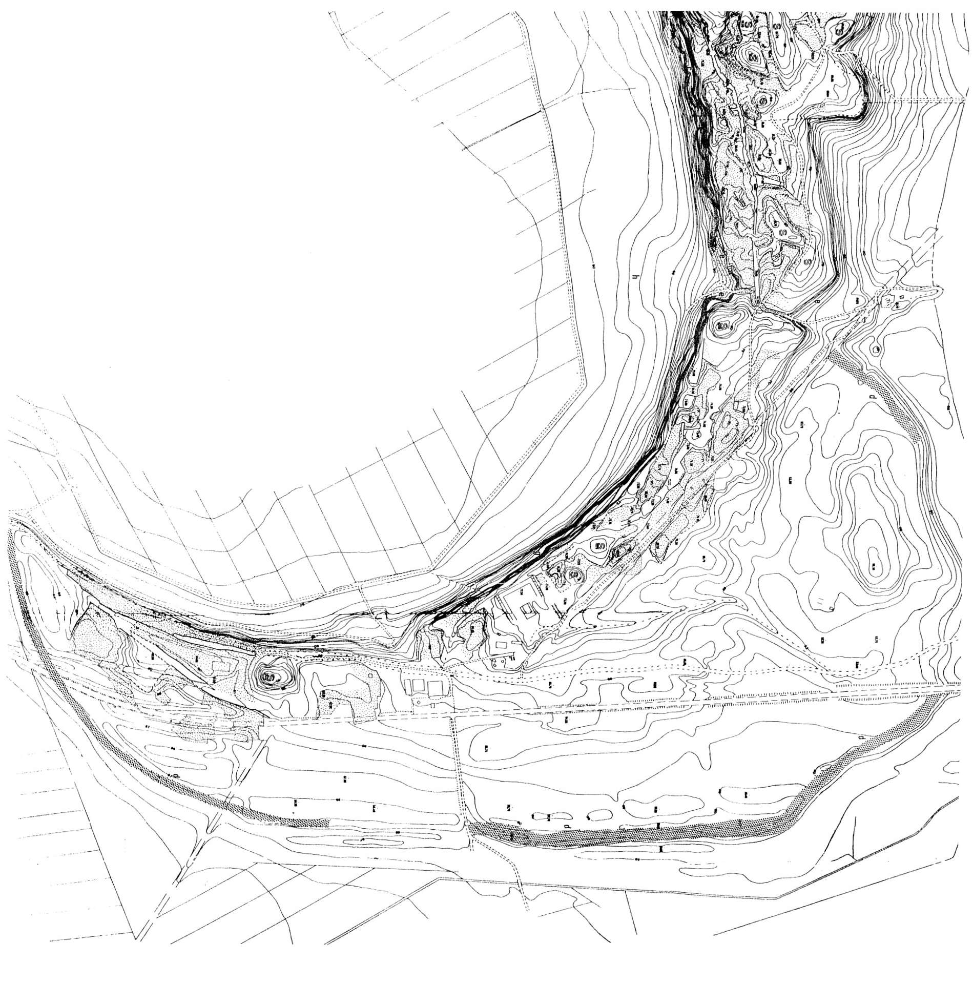 Fig. 9 - Gabii (Roma), restituzione aerofotogrammetrica. A puntinato geometrico la traccia delle mura.