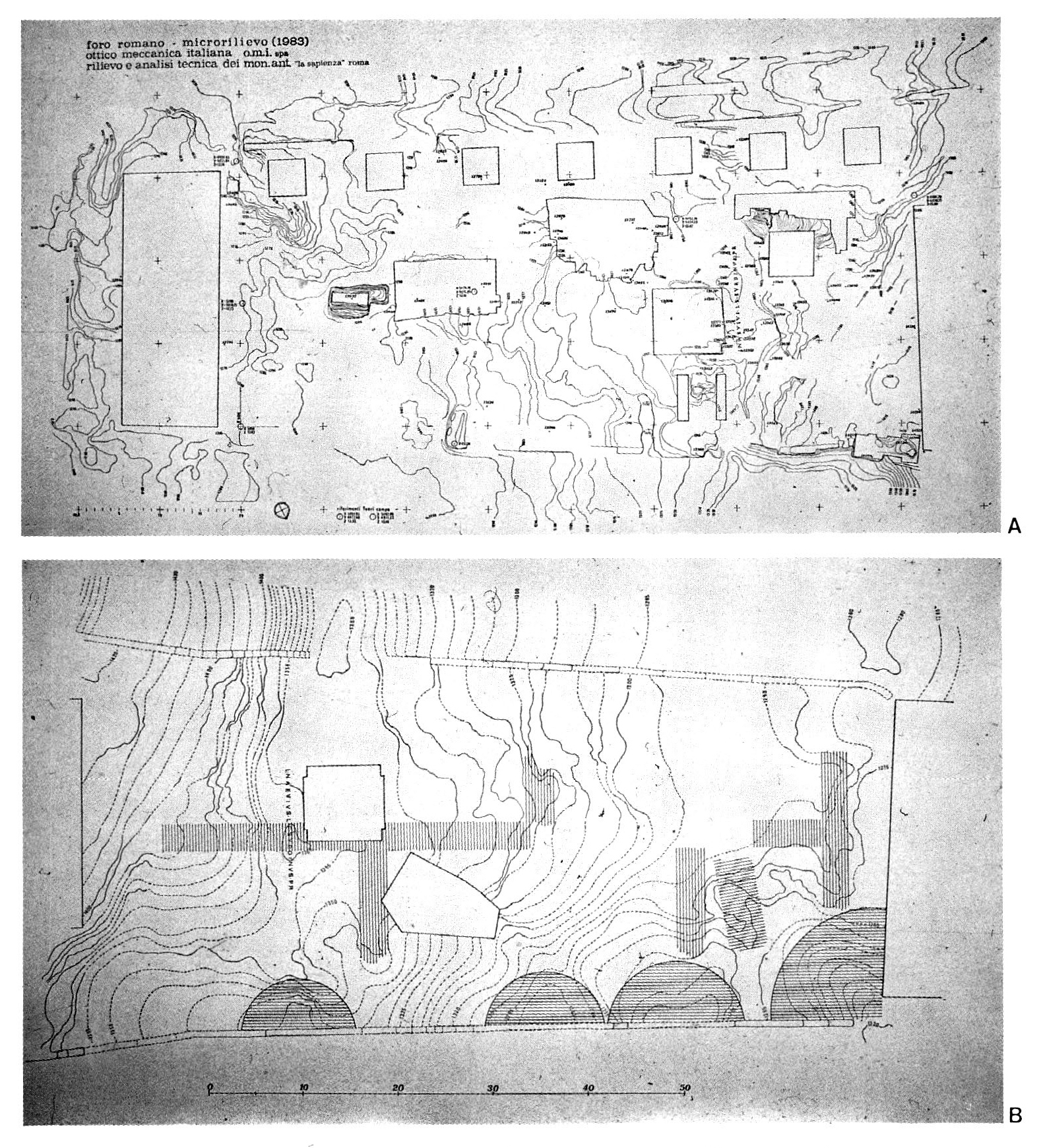 Fig. 11 - Foro Romano: A) restituzione aerofotogrammetrica della piazza; B) restituzione aerofotogrammetrica integrata.