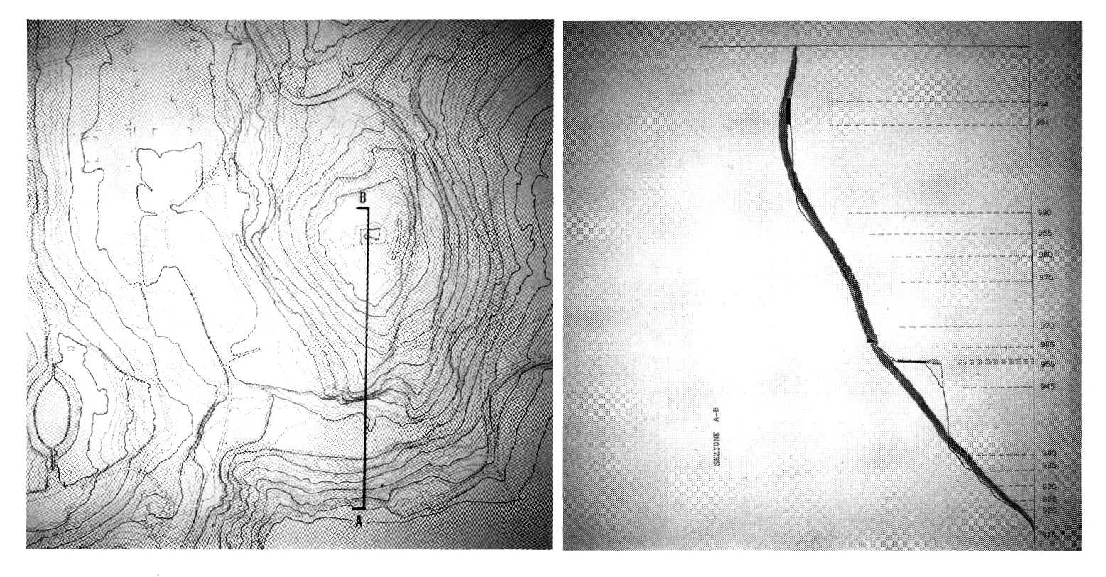 Fig. 12 - Alba Fucens (L'Aquila), area di cava in un particolare della restituzione fotogrammetrica e relativa sezione.