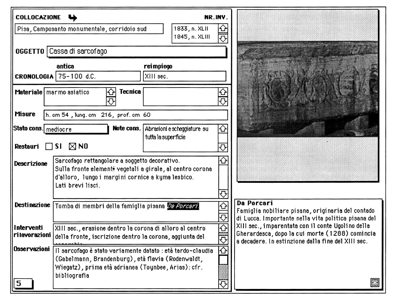 Fig. 5 - Un esempio di associazione a partire da un campo-testo: selezionando con un click del mouse il termine in corsivo viene visualizzato un campo contenente le notizie storiche relative al personaggio selezionato.