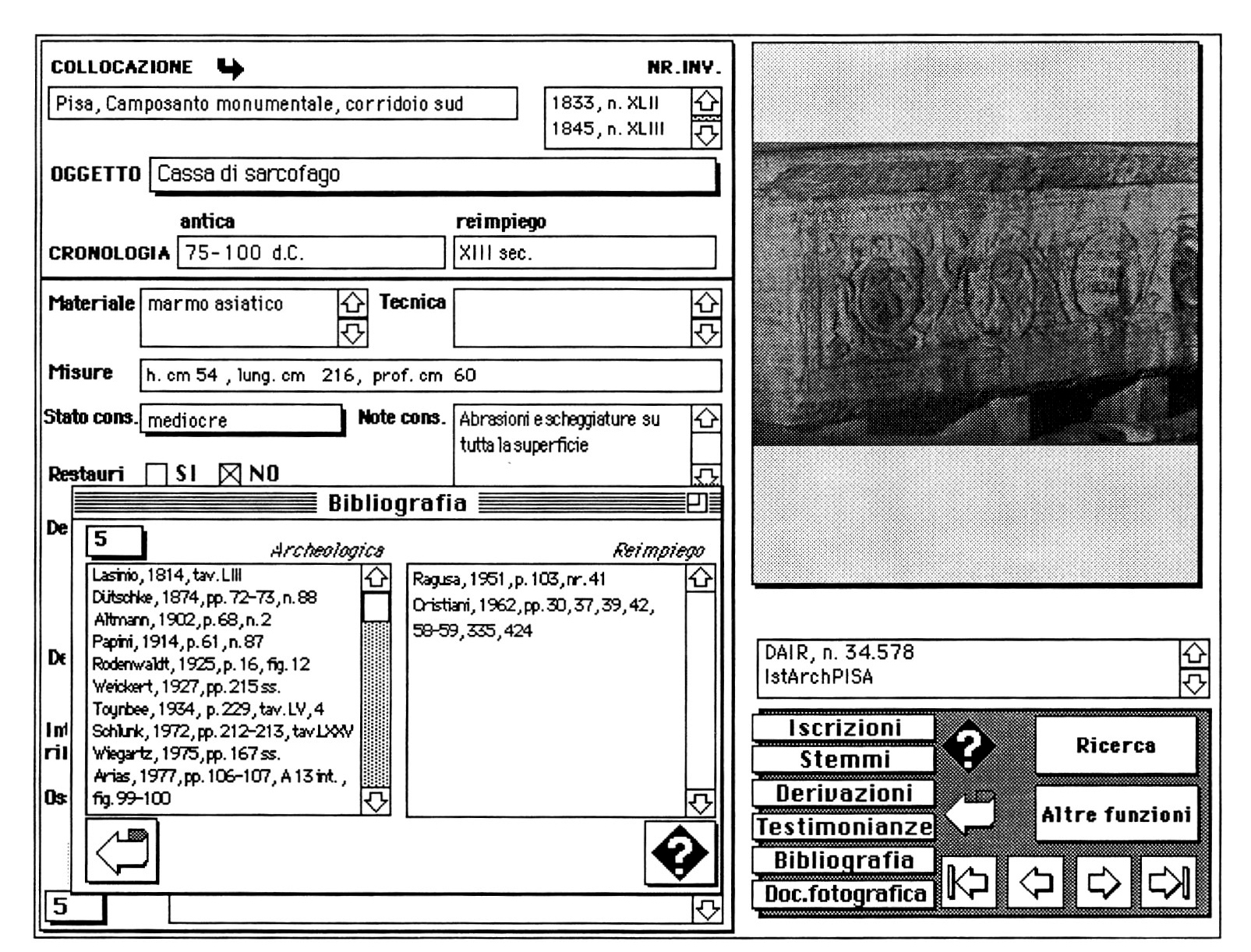 Fig. 6 - Integrazione della scheda Oggetti con l'inserzione della bibliografia e dei dati relativi alla documentazione fotografica.