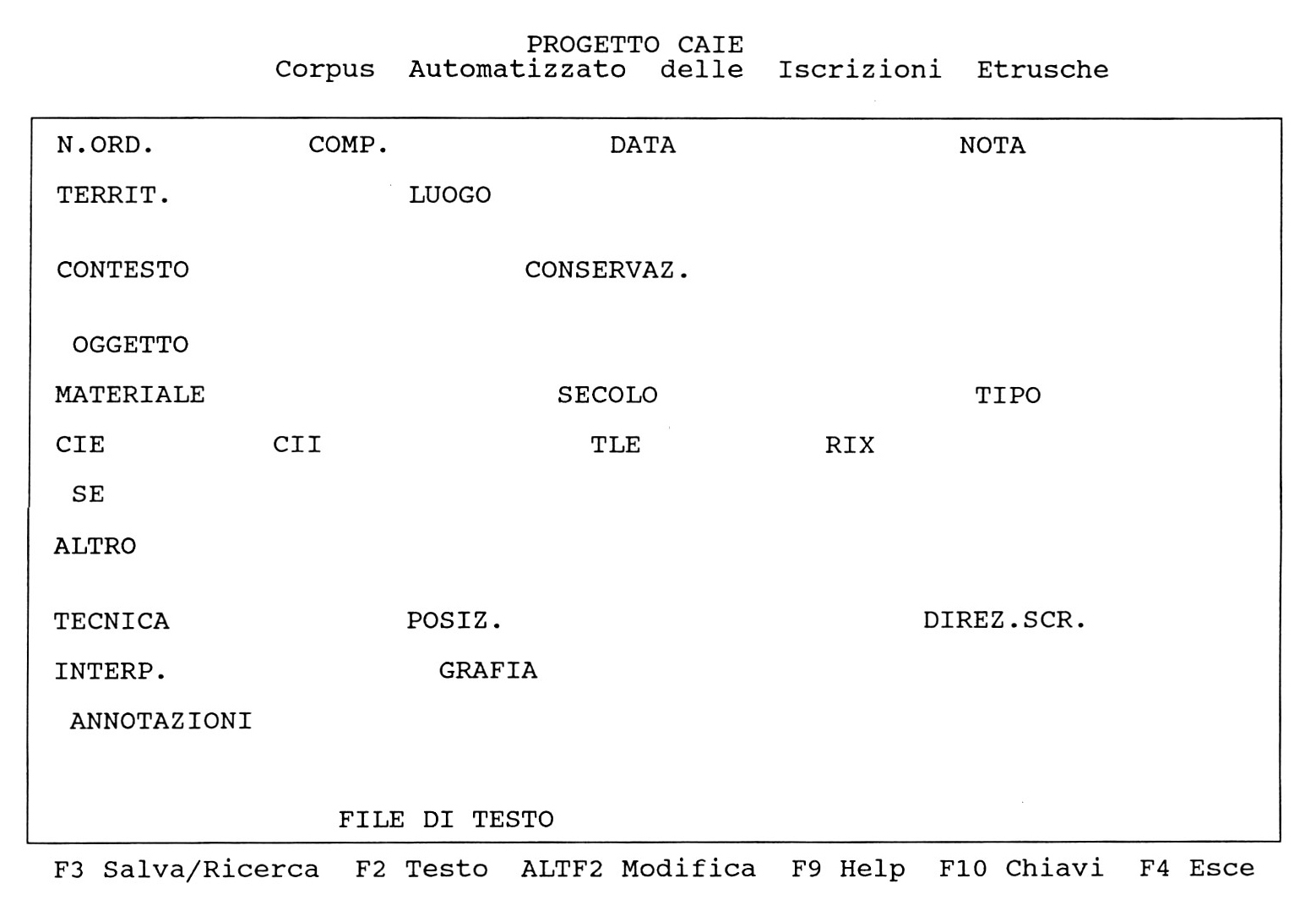 Fig. 1 – Progetto CAIE. Principali campi della banca-dati