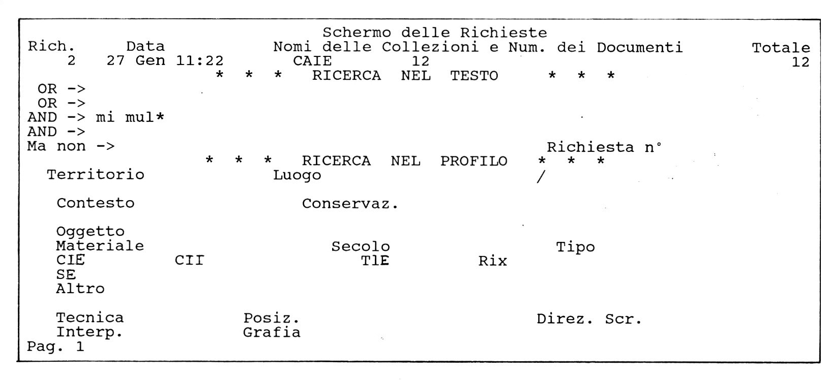 Fig. 3 – Progetto CAIE. “Schermo delle Richieste”  con esempi di ricerca sia nel “testo” delle iscrizioni sia nel “profilo”, che contiene i dati archeologici ed epigrafici di riferimento.