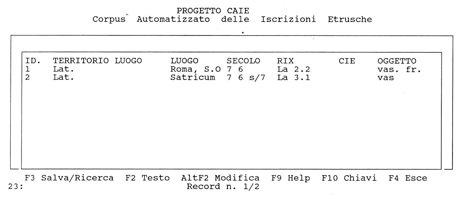 Fig. 4 – Progetto CAIE: ricerca nei principali campi di descrizione delle iscrizioni (provenienza, datazione, riferimenti bibliografici, supporto).