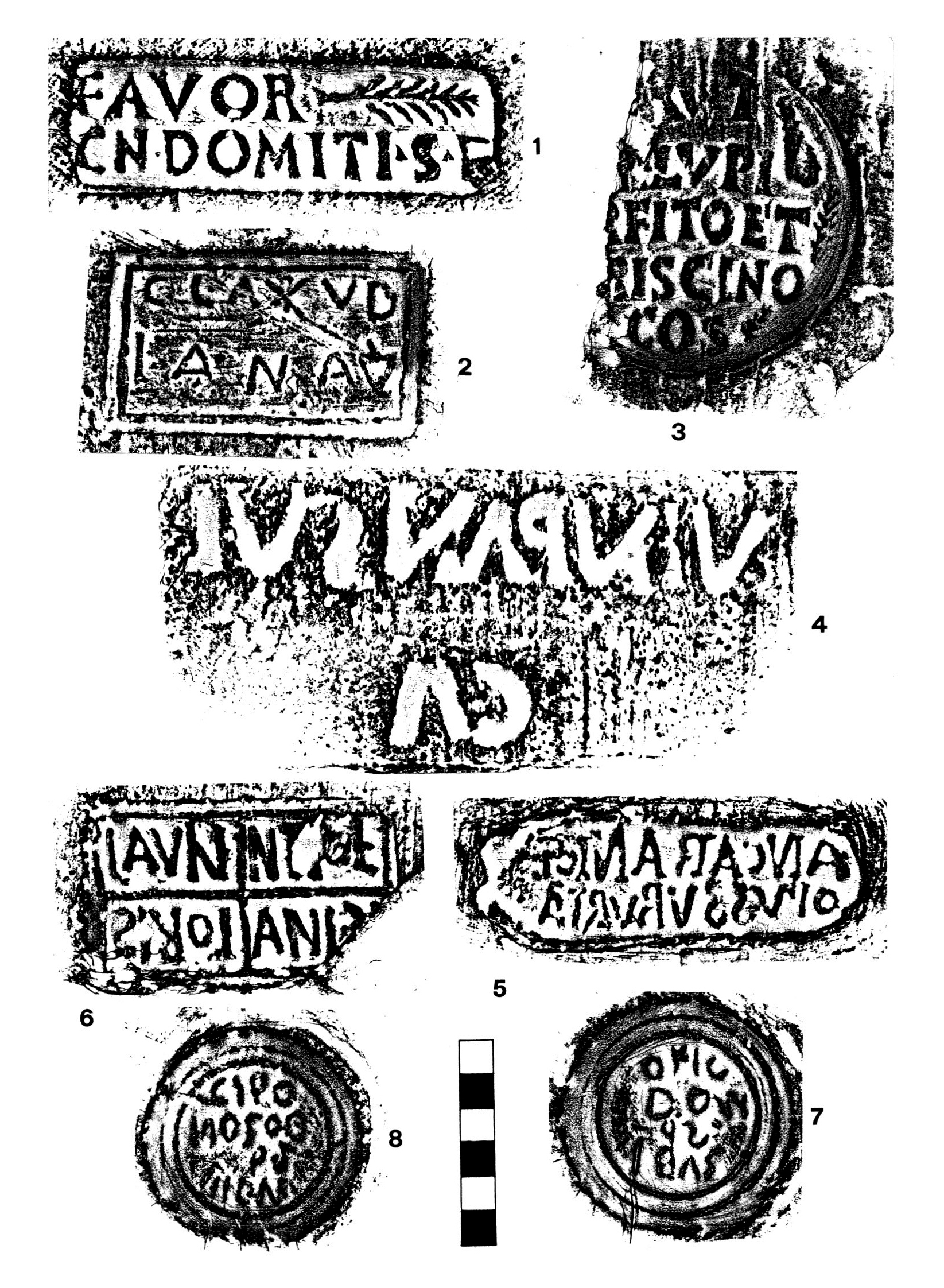 Fig. 2 - 1. MV. NAV, B 2: CIL 15, 981; 2. BAV. 9242: CIL 15, 1563 g; 3. MNR. 32041: CIL 15, 18; 4. BAV. 8406: CIL 15,565 b; 5. BAV. 8003: CIL 15,547; 6. MV.: CIL 15, 1697; 7. BAV. 9498: CIL 15, 1576; 8. BAV. 9489: CIL 15, 1555.
