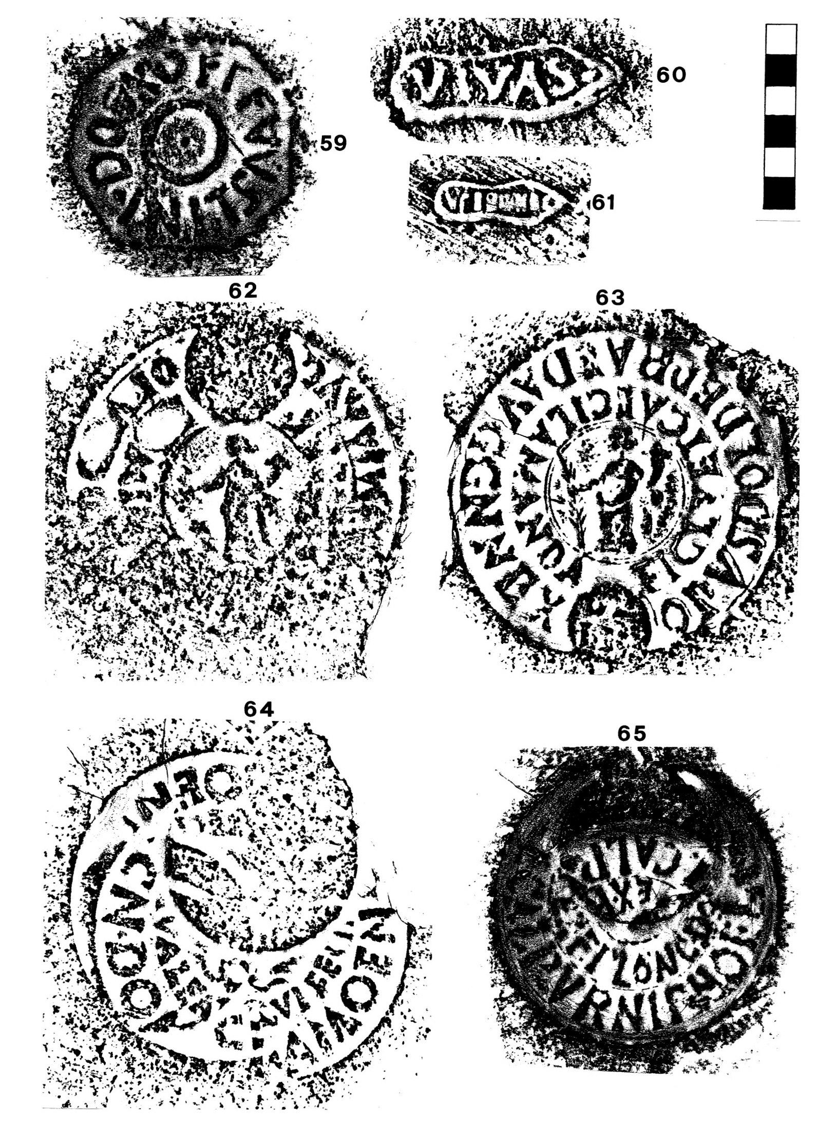 Fig. 11 - 59. MNR. 57472: CIL 15, 1586 a; 60. BAV. 9590: CIL 15, 1727; 61. MV. NAV, B 38: CIL 15, 2155; 62. MV.: CIL 15,541 a; 63. MV.: CIL 15, 196; 64. MV. NAV, B 11: CIL 15, 1100; 65. MNR. 72304: CIL 15, 703.