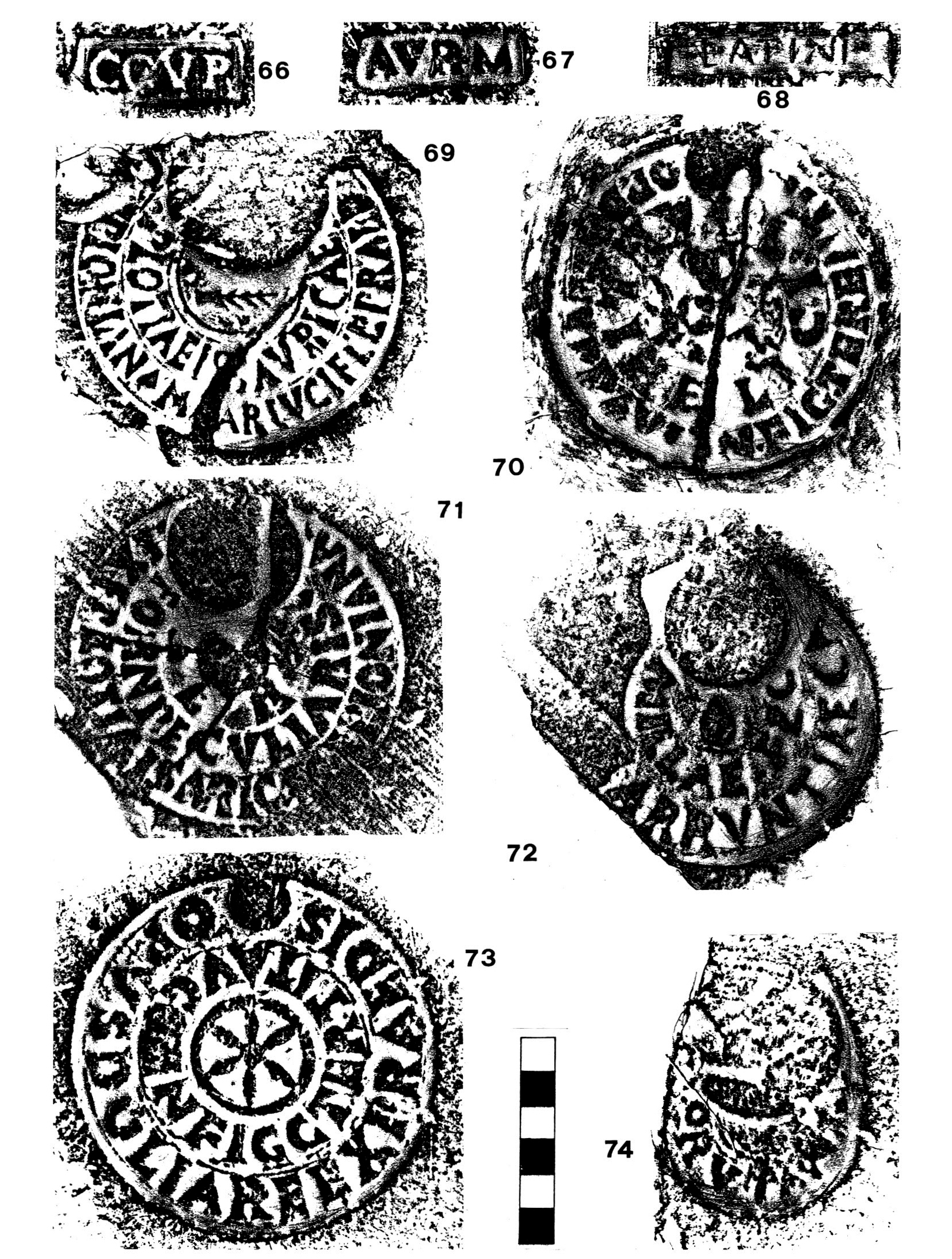 Fig. 12 - 66. MV.: Inedito, CIL 15, N 964/5 ( = 2039); 67. MV.: Inedito, CIL 15, N 881/2; 68. MV. NAV, B 8: CIL 15, 874; 69. MV.: CIL 15, 59 a; 70. BAV. 9451: CIL 15, 624; 71. MNR. 107588: CIL 15, S 24; 72. MNR. 31197: CIL 15, N S 40/114; 73. MV.: CIL 15, 769 b; 74. MV.: CIL 15, 32.