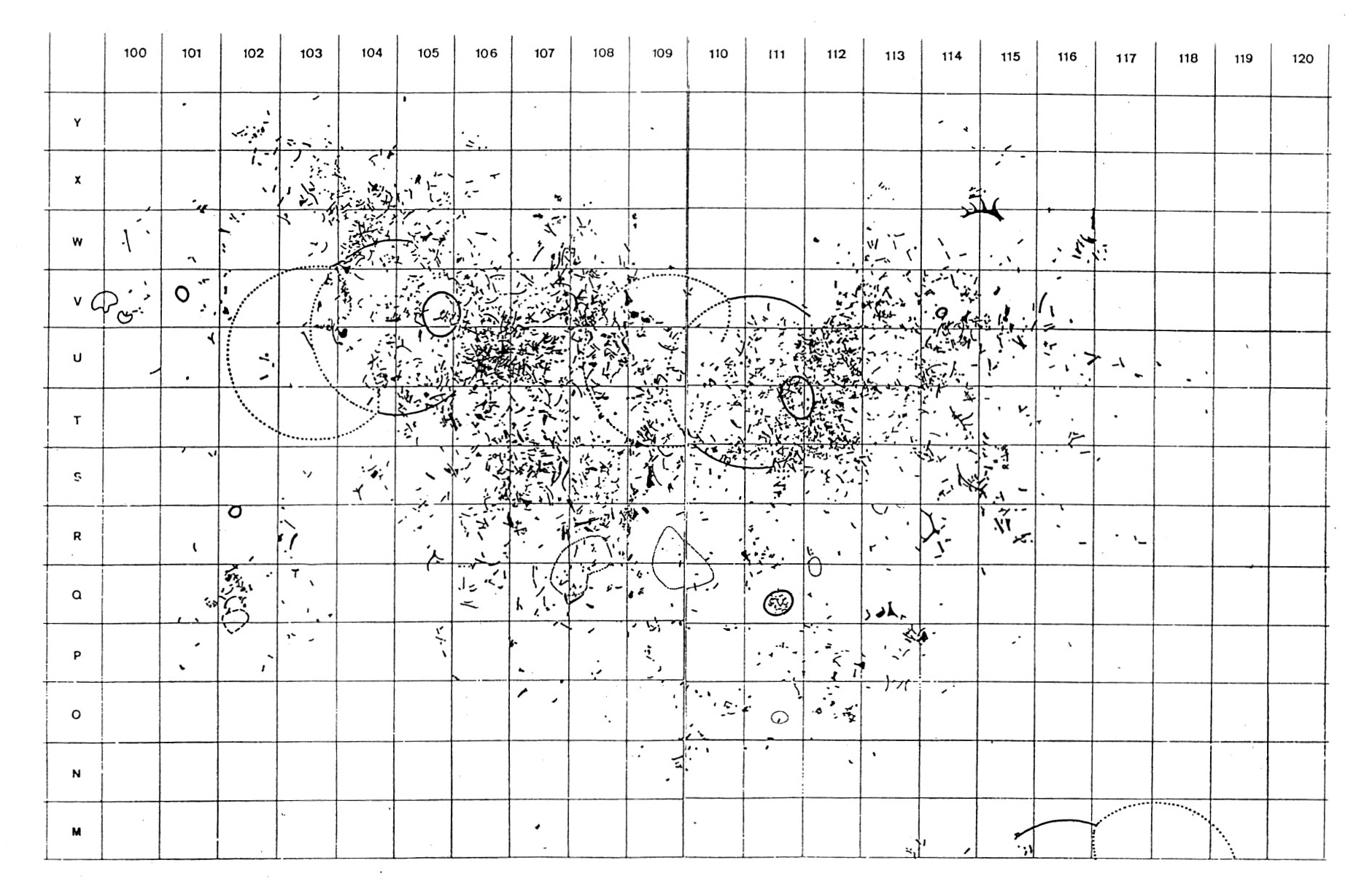 Fig. 2 - Pianta della ripartizione dei resti faunistici della sezione 36 del giacimento Maddaleniano di Pincevent, presso Parigi (da LEROI-GOURHAN, BRÉZILLON 1972).