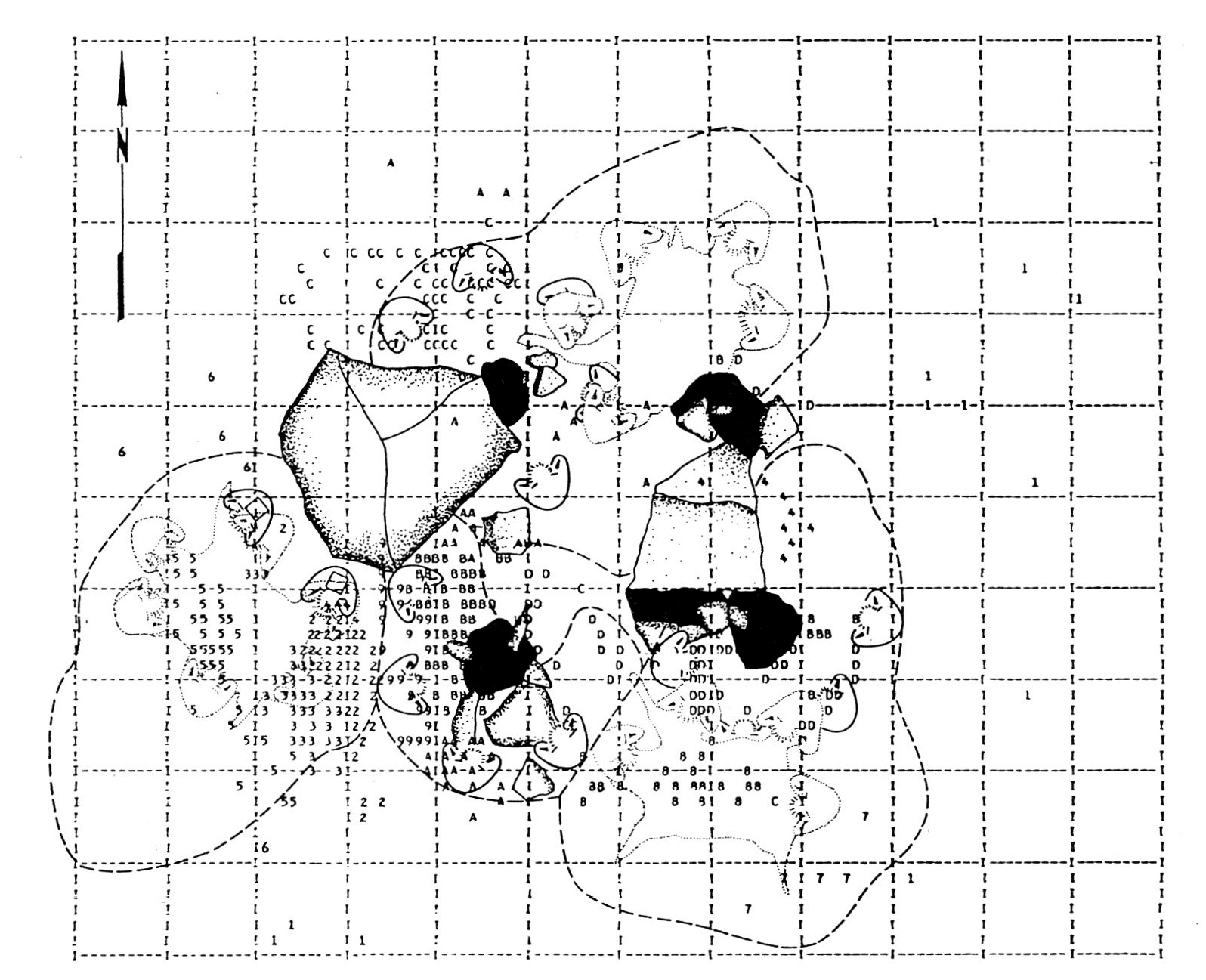 Fig. 8 - Sovraimposizione della Fig. 7b con le osservazioni di L. R. Binford per quanto riguarda le attività di conversazione e di consumazione del cibo (linee a tratto), attività di tiro al bersaglio (uomini a tratto pieno con quadratino all'interno), e gioco delle carte (aree puntinate). Le zone ombreggiate rappresentano focolari (da WHALLON 1984).