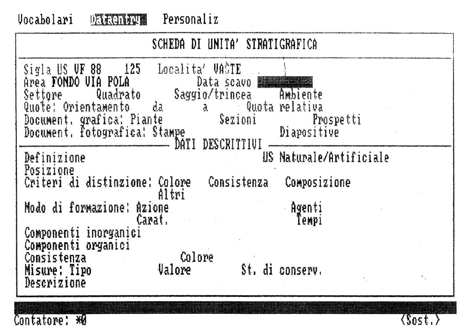 Fig. 1 - Scheda di Unità Stratigrafica. Videata di immissione (1).