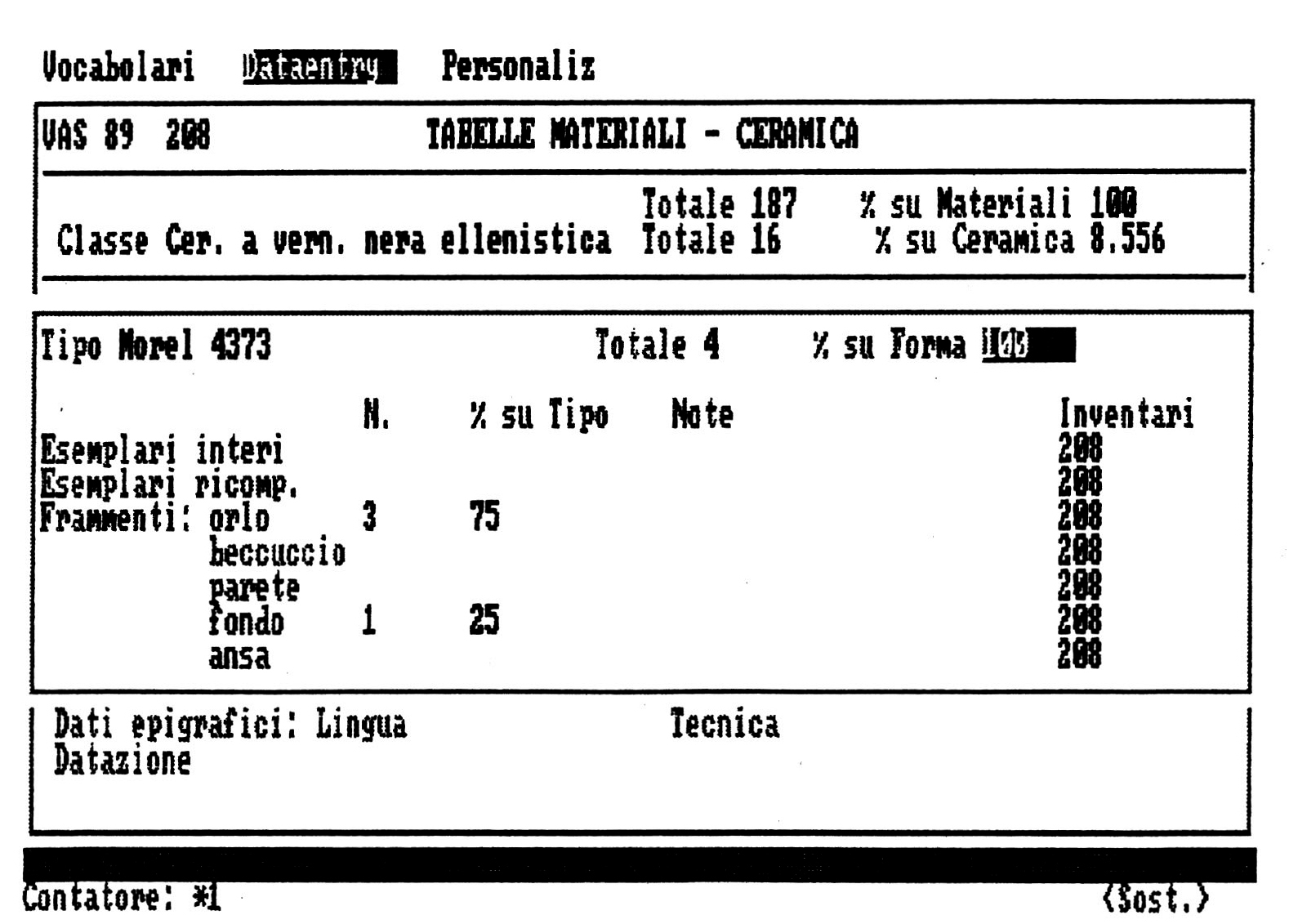 Fig. 12 - Tabella Ceramica. Finestra per l'immissione dei dati quantitativi.