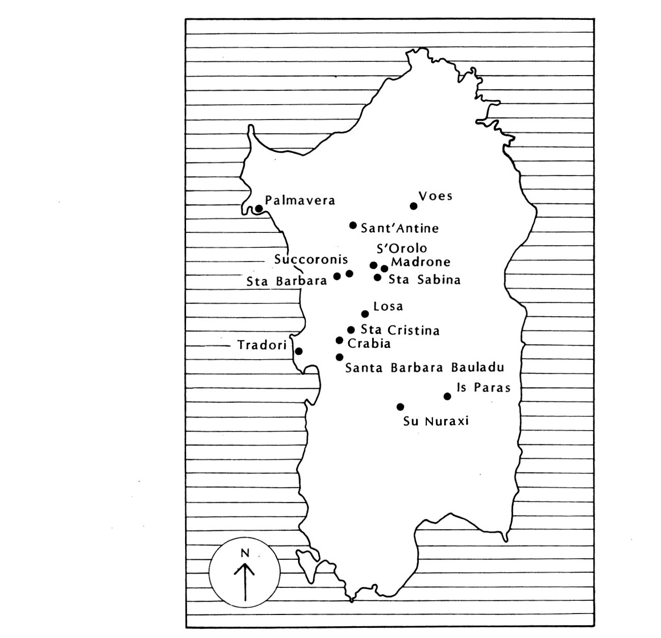 Fig. 1 - Map of Sardinia with the locations of the Nuraghi studied in 1987.