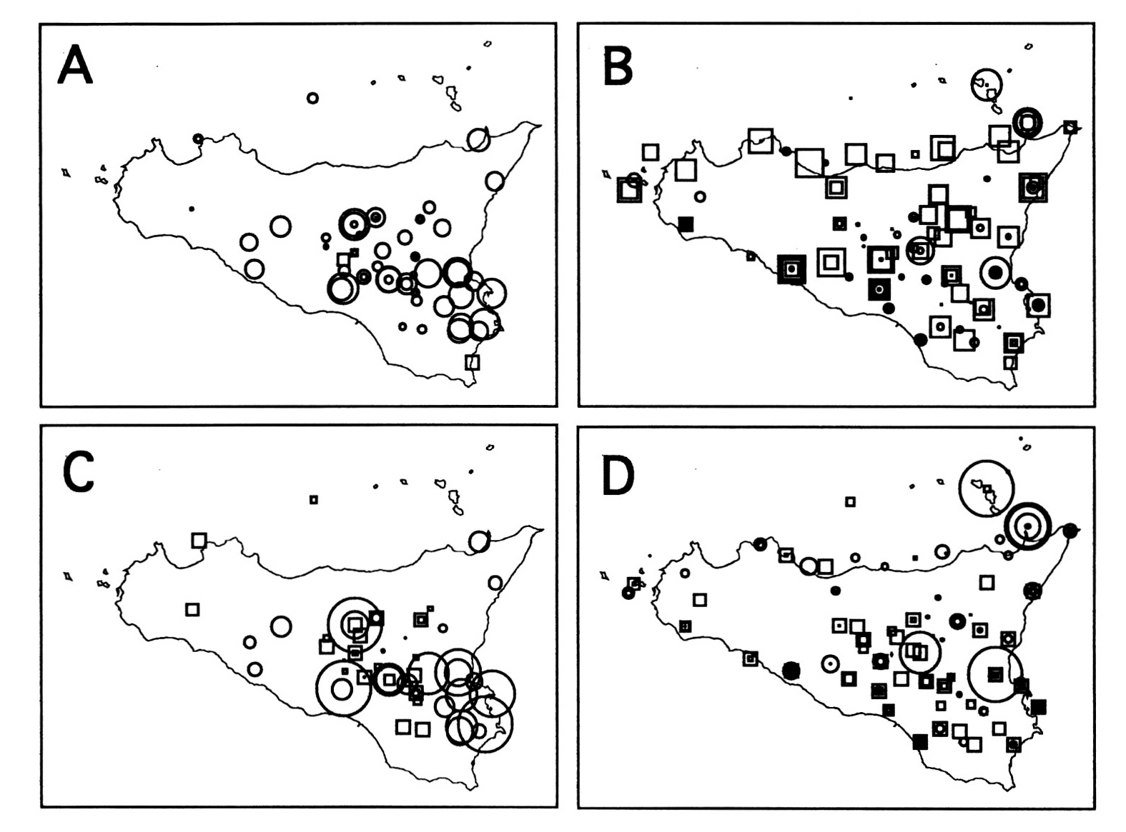 Fig. 4 - Cartographie des facteurs associés aux espaces funéraires. La distinction des espaces à sépultures multiples de ceux à sépultures individuelles pour la représentation des deux premiers facteurs de l'analyse conduit à construire quatre cartes. Pour le premier facteur, !es espaces funéraires associés aux sépultures multiples sont représentés sur la carte A par des cercles situés au centre-est de !'ile, tandis que !es espaces à sépultures individuelles sont plut6t matérialisés sur la carte B par des carrés répartis sur toute l'ile. Pour le second facteur, la localisation des espaces à sépultures multiples est répétée sur la carte C, alors que quelques espaces d'un faciès très particulier de facture ita­ lique, sont mis en évidence sur la carte D.