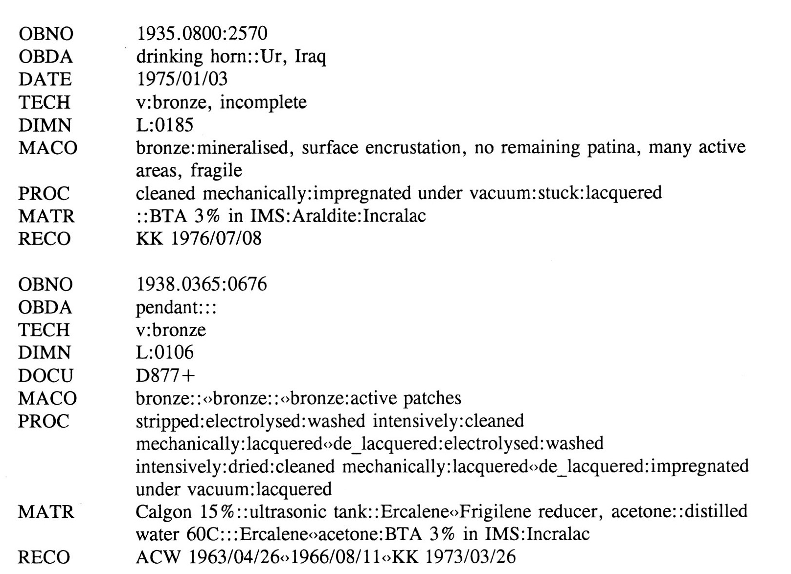 Fig. 1 - Originai conservation record entry.