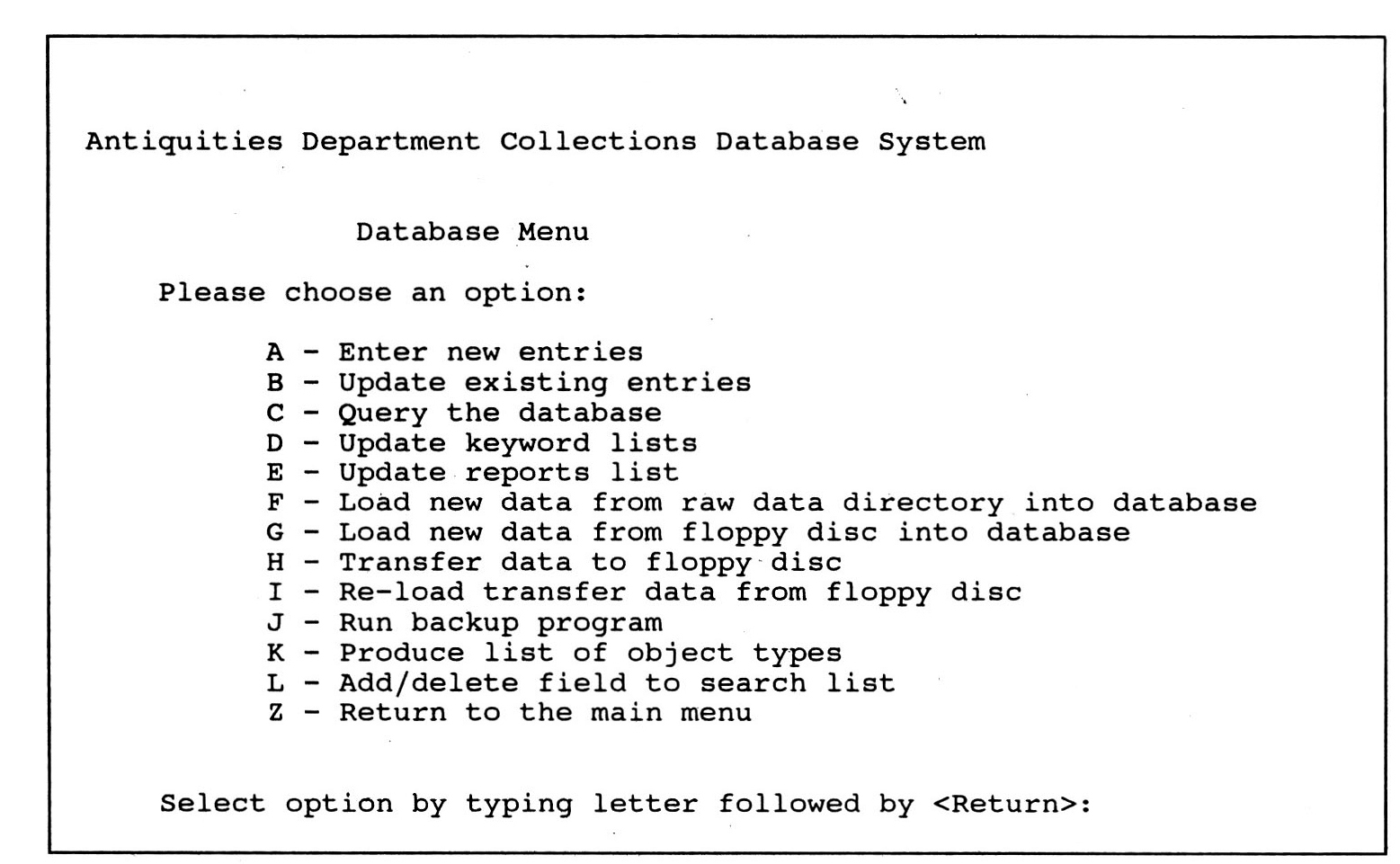 Fig. 6 - Main database control screen.