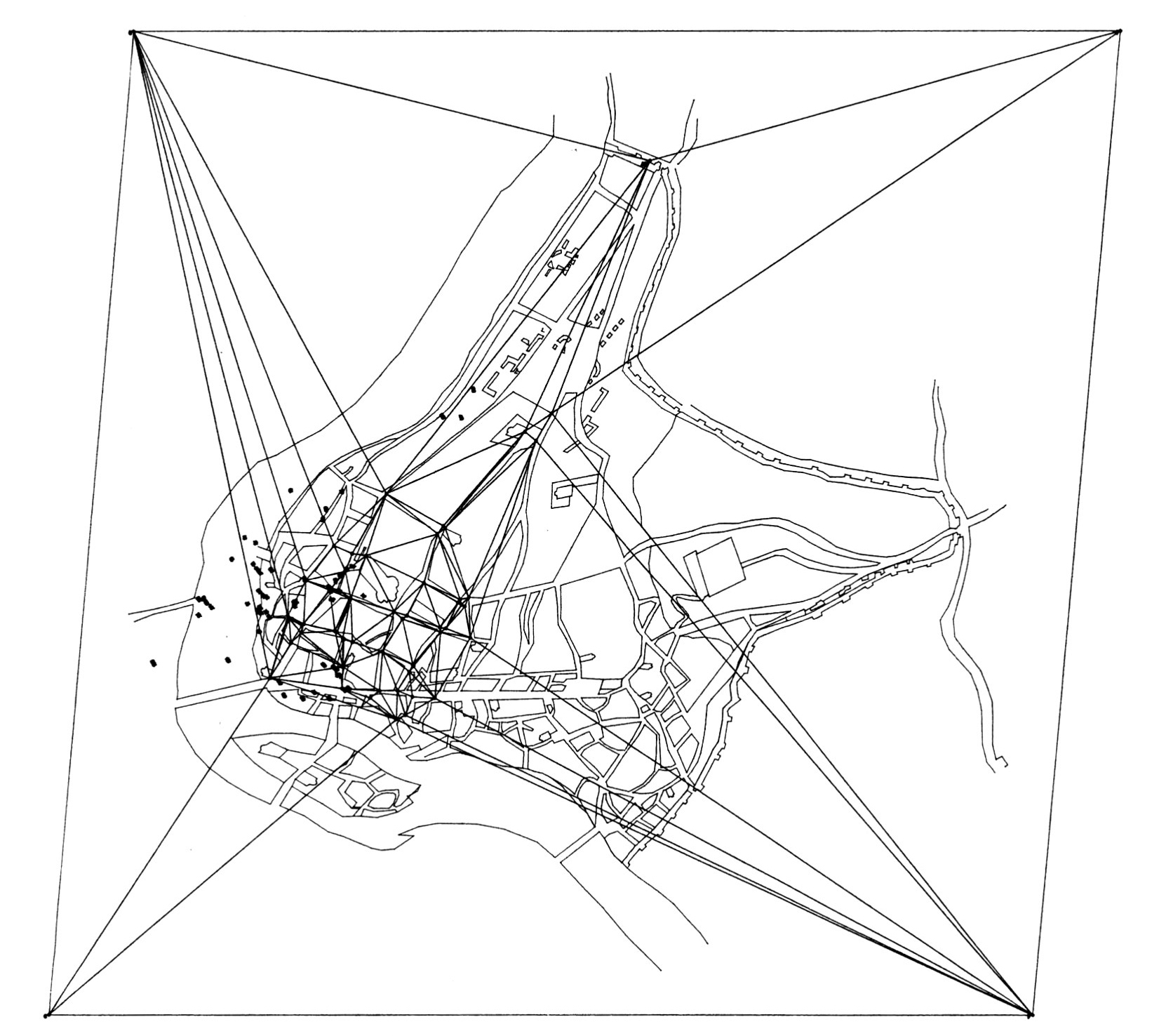 Fig. 2 - La maglia di triangoli creata per una trasformazione affine locale (in questo caso la carta del Bufalini, rappresentata a trasformazione avvenuta).