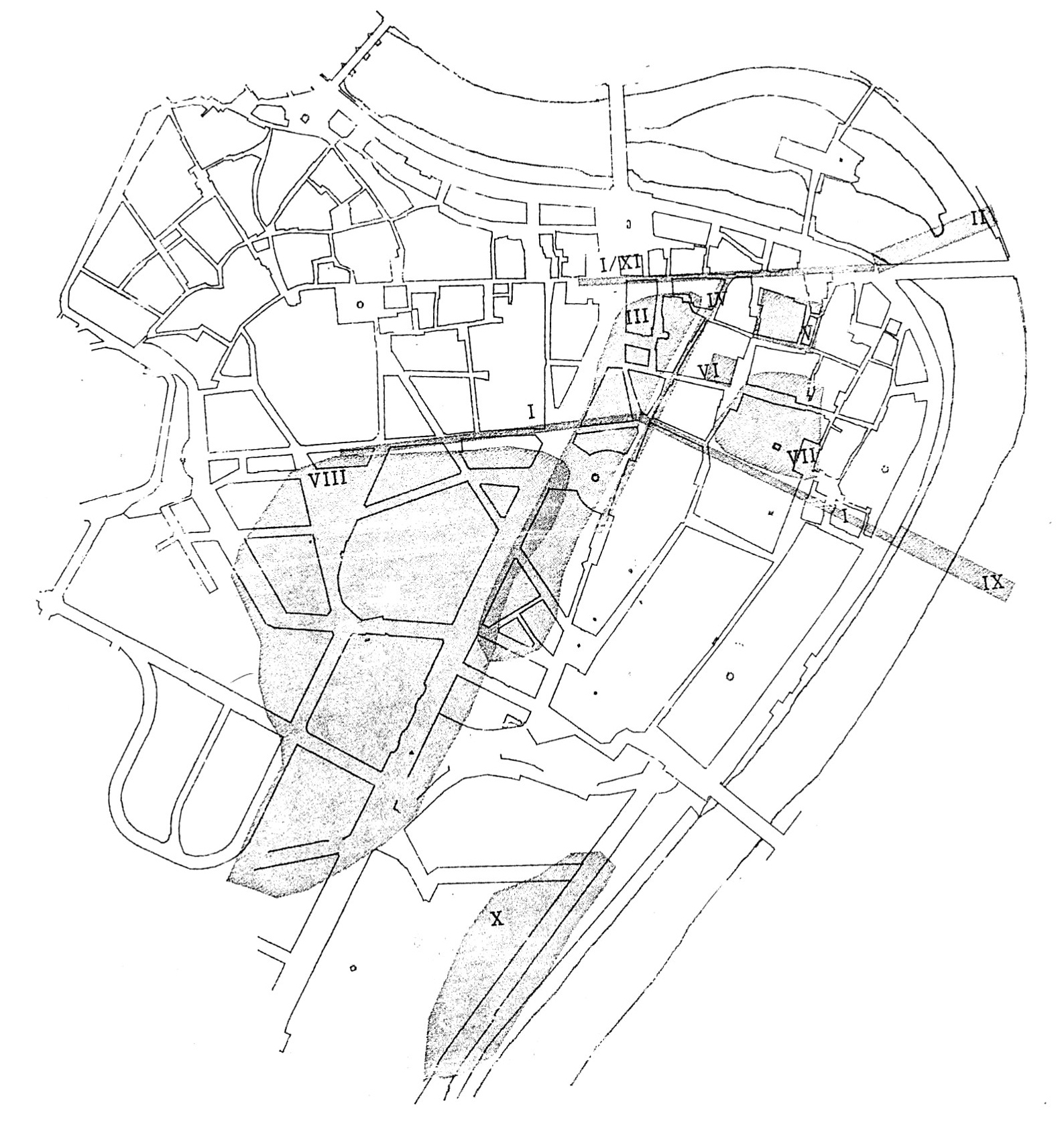 Fig. 3 - Le aree di localizzazione delle fonti letterarie e epigrafiche su base catastale attuale (della quale sono riportati solo i livelli STRADE e ACQUE). I numeri romani rimandano all'apparato schedografico alfanumerico.