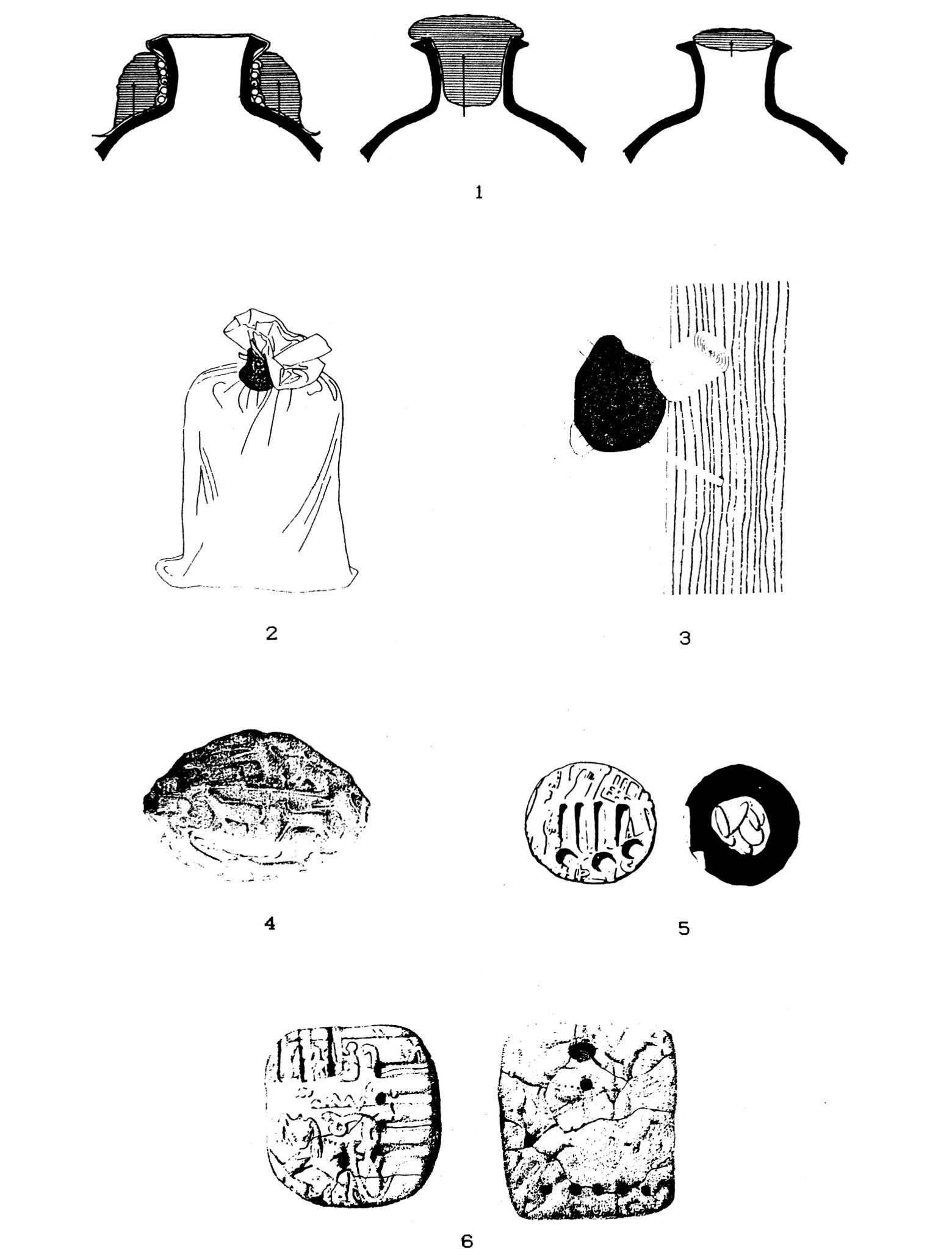 Fig. 1 - Diversi tipi di oggetti su cui sono apposte le sigillature: 1) cretule su contenitori ceramici, cta W. URTHMANN, Der afte Orient, fferlin 1975, Fig. 39a; 2) cretule su sacchi, da A. PALMIERI, M. FRANGIPANE (edsJ, Perspectives on Protourbanization in Eastern Anatolia: Arslantepe (Malatya . An Interim Report on 1975-1983 Campaigns, «Origini» 12 2, Roma 1983, 483, Fig. 9; 3) cretule su cavicchi di porte, da A. PALMIER, M. FRANGIPANE, cit., 497, Fig_; 21; 4) bulle fusiformi, da E. STR0MMENGER, Habuha Kabira. Eine Stadt vor 5000.Jahren, Mainz am Rhein 1980, Fig. 56; 5) bulle sferiche, da M. LIVERANI,, Antico Onente. Storia, Società, Economia, Roma, Bari 1988, Fig. 23; 6) tavolette, aa E. STROMMENGER, cit., Fig. 56.