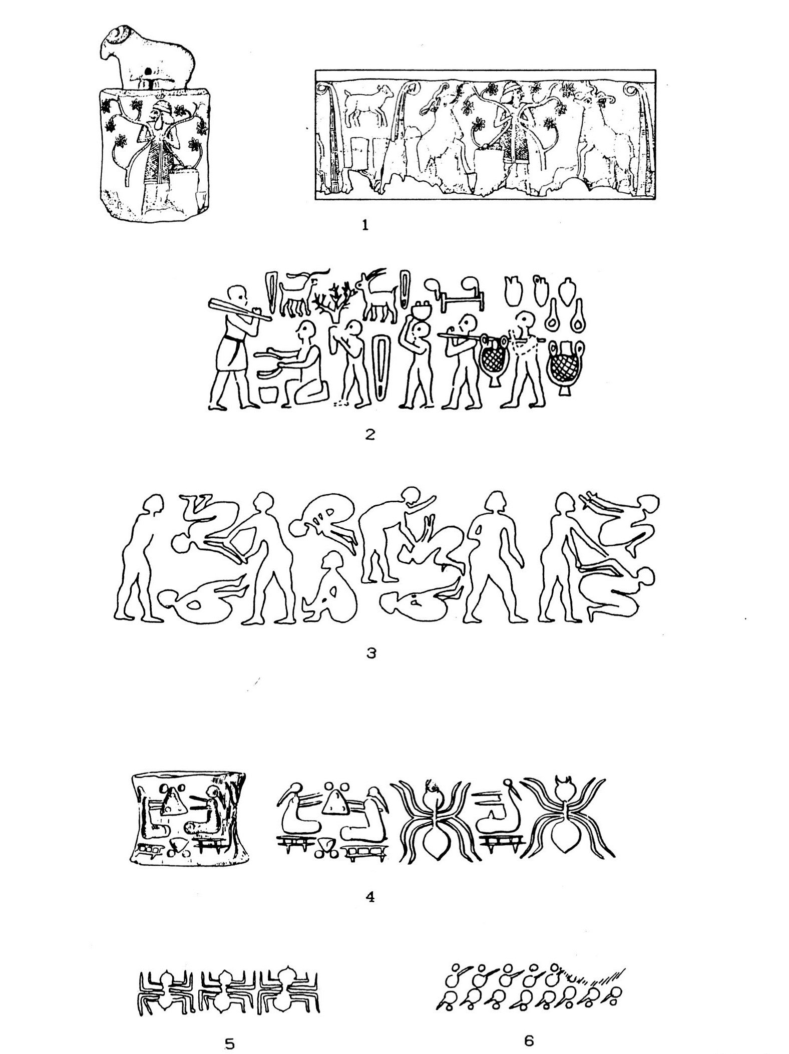 Fig. 2 - Esempi di sigilli naturalistici (1-3) e schematici (4-6); 1) da H. KOHNE, Das Rollsiegel in Syrien, Tubiingen 1980, Fig. 6; 4) da P. AMIET, La glyptique mésopotamienne archa1que, Paris 1980, n. 338.