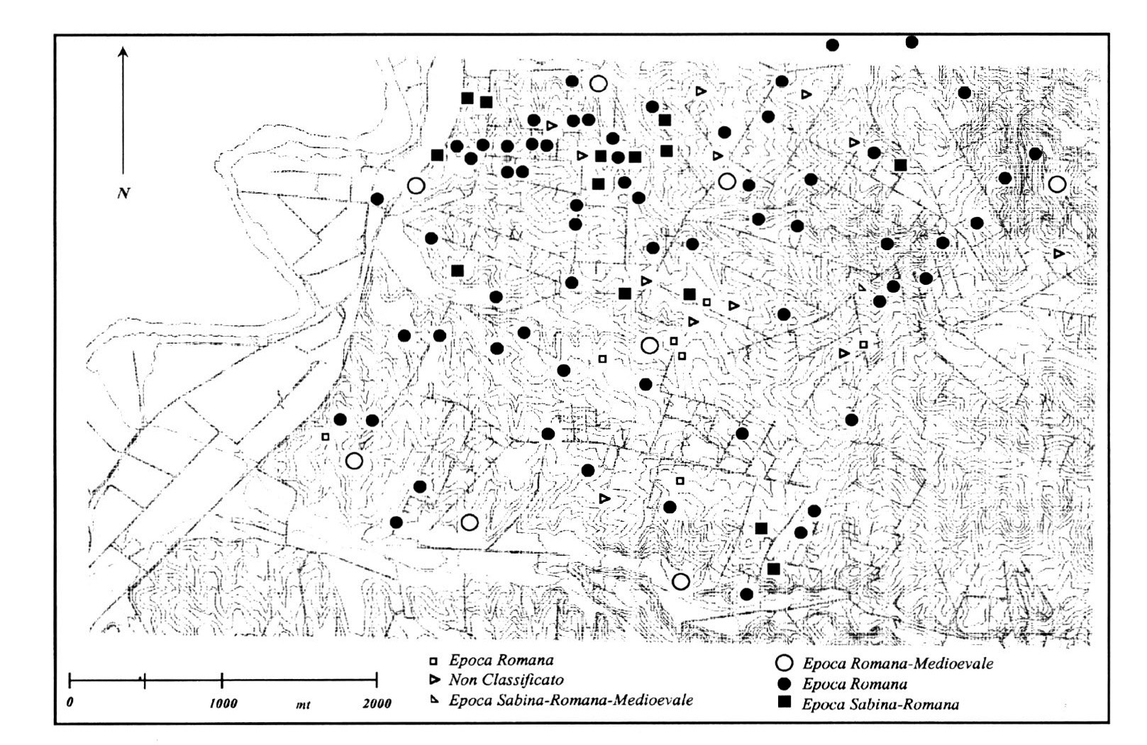 Fig. 5 - Mappa della zona archeologica Ager Eretanus (Montelibretti) con la distribuzione dei siti di interesse storico archeologico rilevati da Ogilvie (OGILVIE 1965).