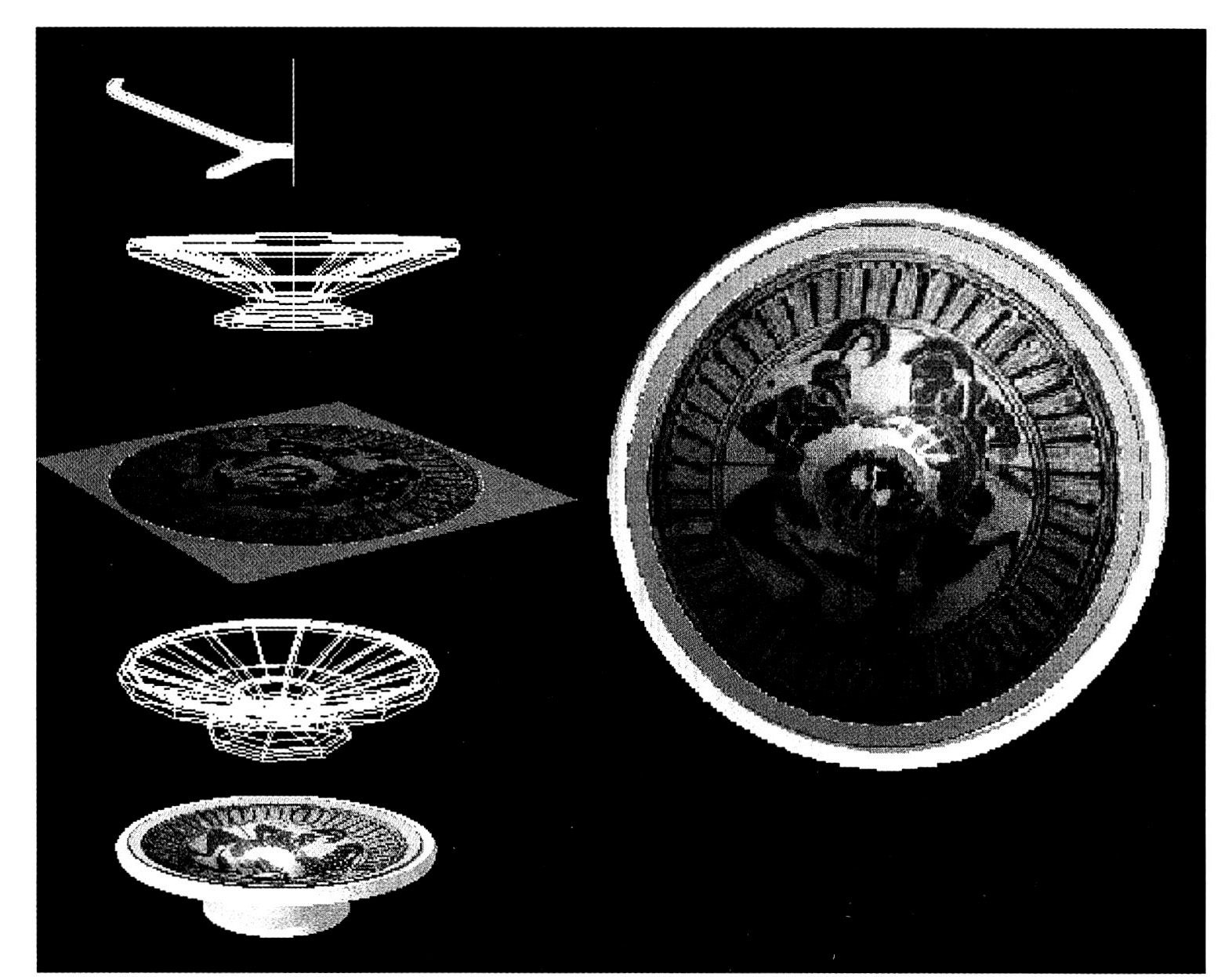 Fig. 8 - Fasi di elaborazione 3D di materiali ceramici lavorati al tornio: rotazione dell'emisezione, modello wireframe, fotopiano, texture mapping.