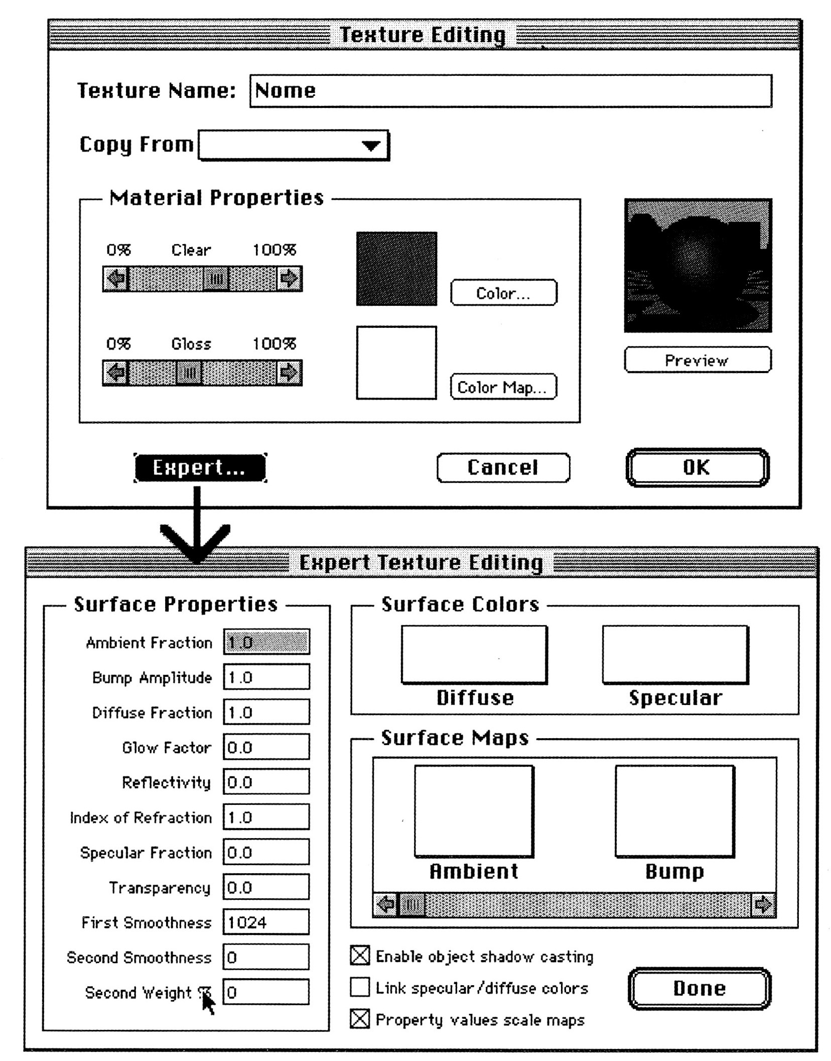 Fig. 10 - Esempio di finestre di dialogo per la regolazione dei coefficienti del texture del modello (programma StrataVis10n3D 2.2 in ambiente Macintosh).