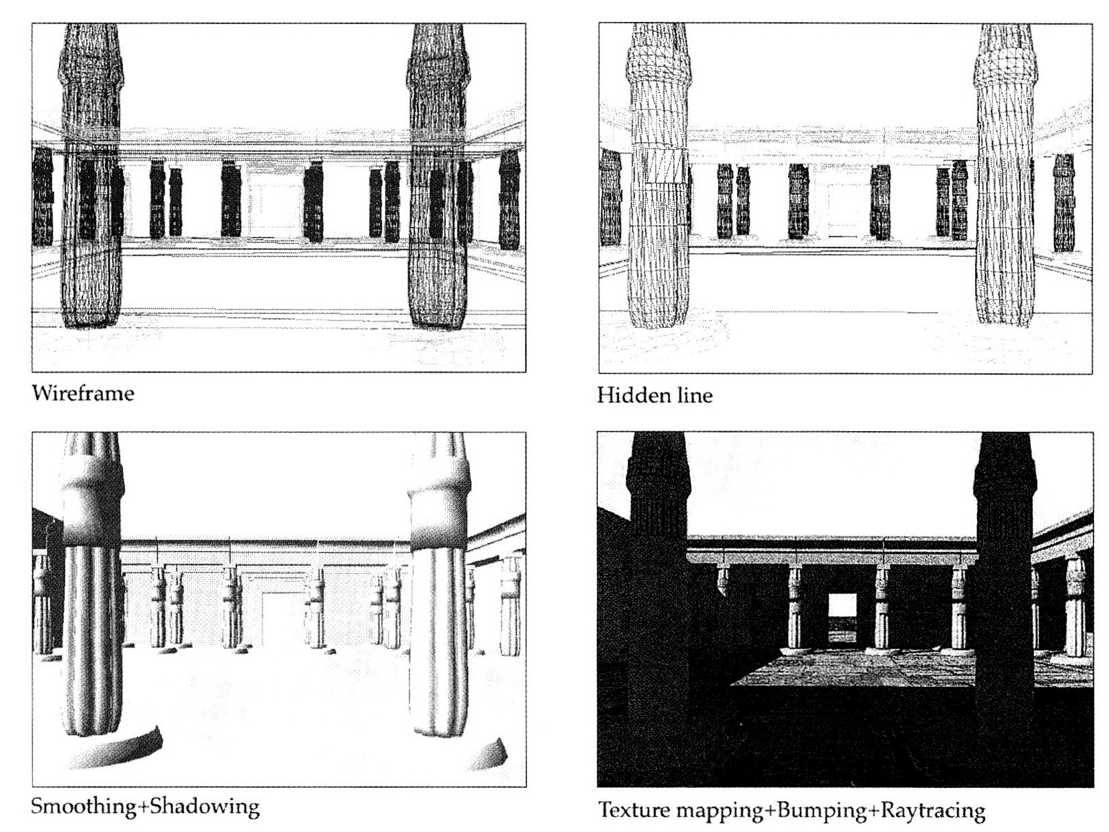 Fig. 12 - Ipotesi ricostruttiva (G.T. Martin) della tomba del generale Horemheb (1319- 1292 a.C.), Saqqara, necropoli di Menfi. Vista della pnma corte guardando verso ovest (vedi Tav. II): fasi di elaborazione del modello e restituzione in Raytracing (elaborazione A. Gottarelli).