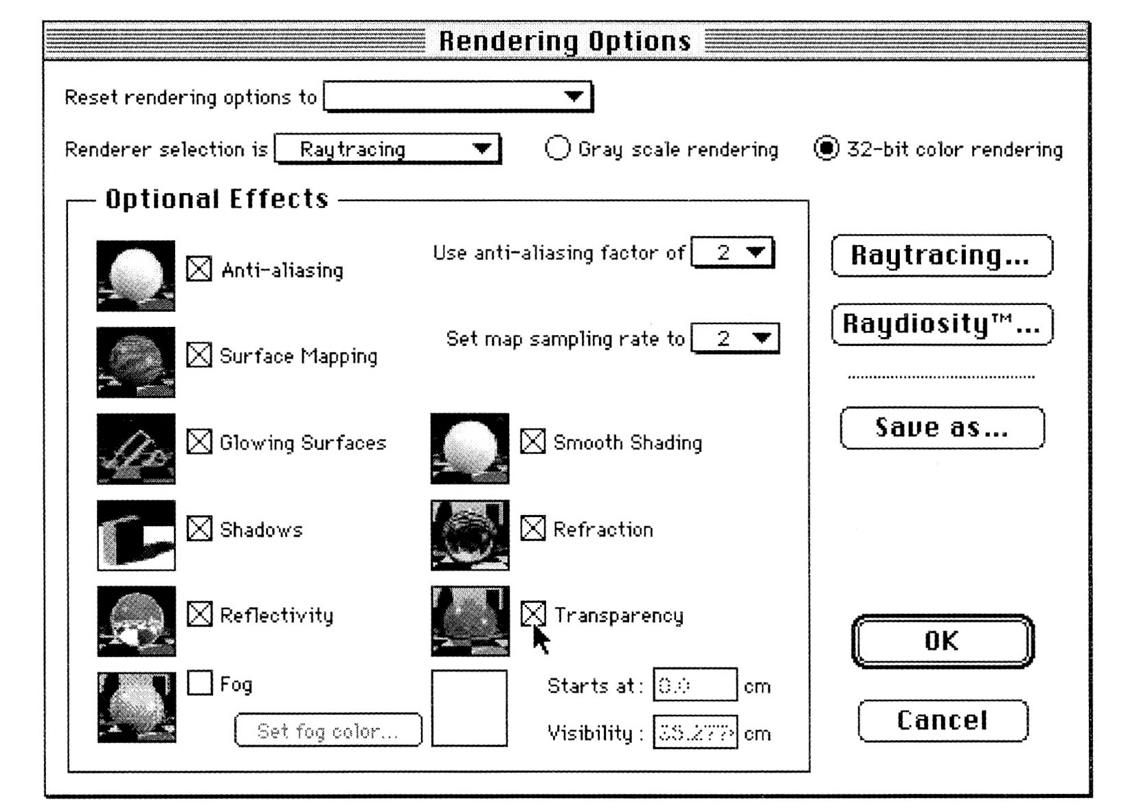 Fig. 13 - Esempio di finestra di dialogo per la selezione delle opzioni di Rendering (programma StrataVision3D Z:2 m ambiente Macintosh).