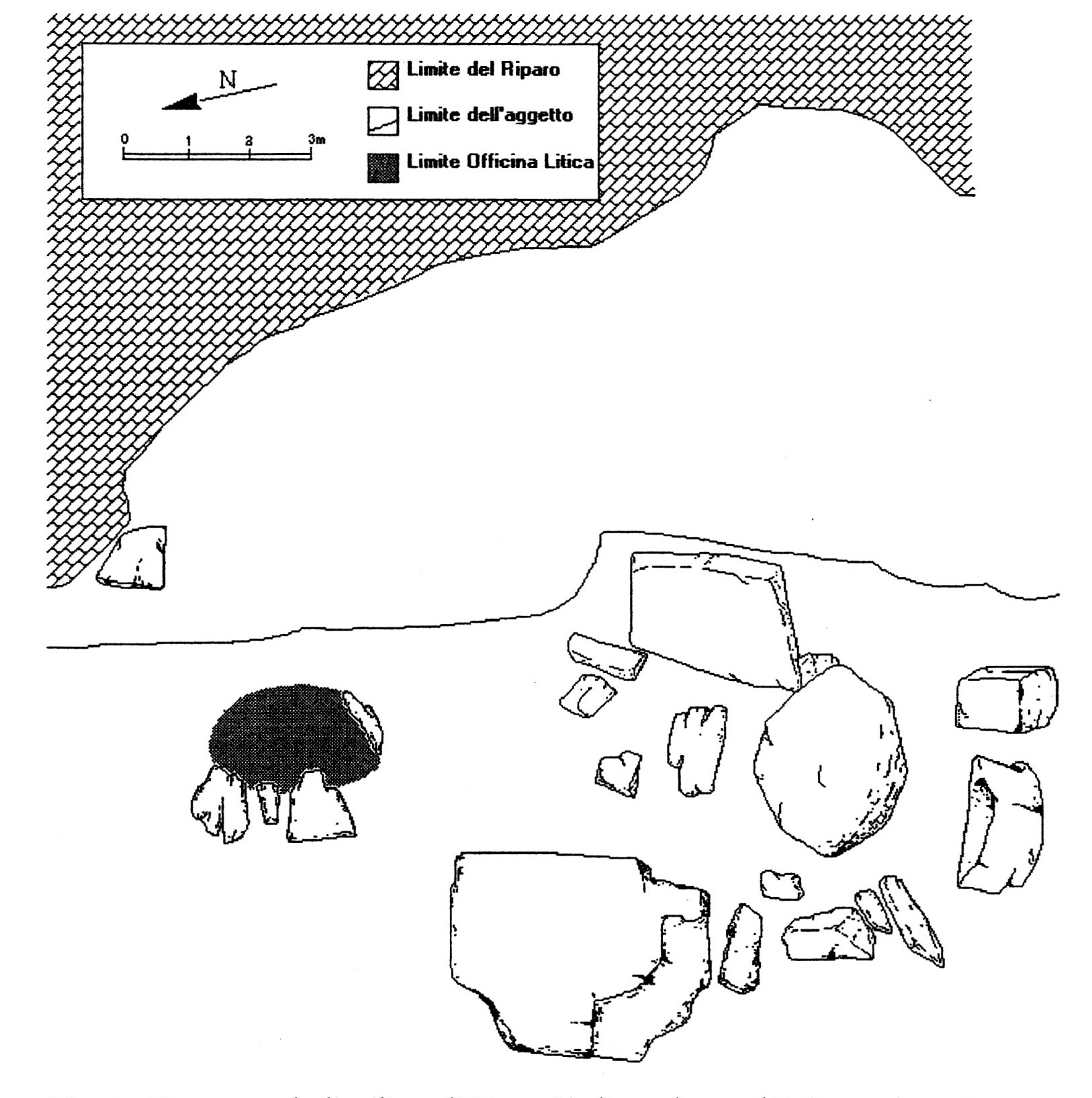 Fig. 1 - Piano generale di utilizzo di Riparo Tagliente durante l'Epigravettiano. La zona interna (sotto riparo). più a Est e quella rilevatasi maggiormente ricca di strutture. L'area di concentrazione dei manufatti litici identificata come "I officina - taglio l0a" è quella evidenziata in grigio. Nella zona Ovest antistante ad essa, alla sinistra del grosso masso di crollo, è situata l'area interpretata come zona di accumulo rifiuti.