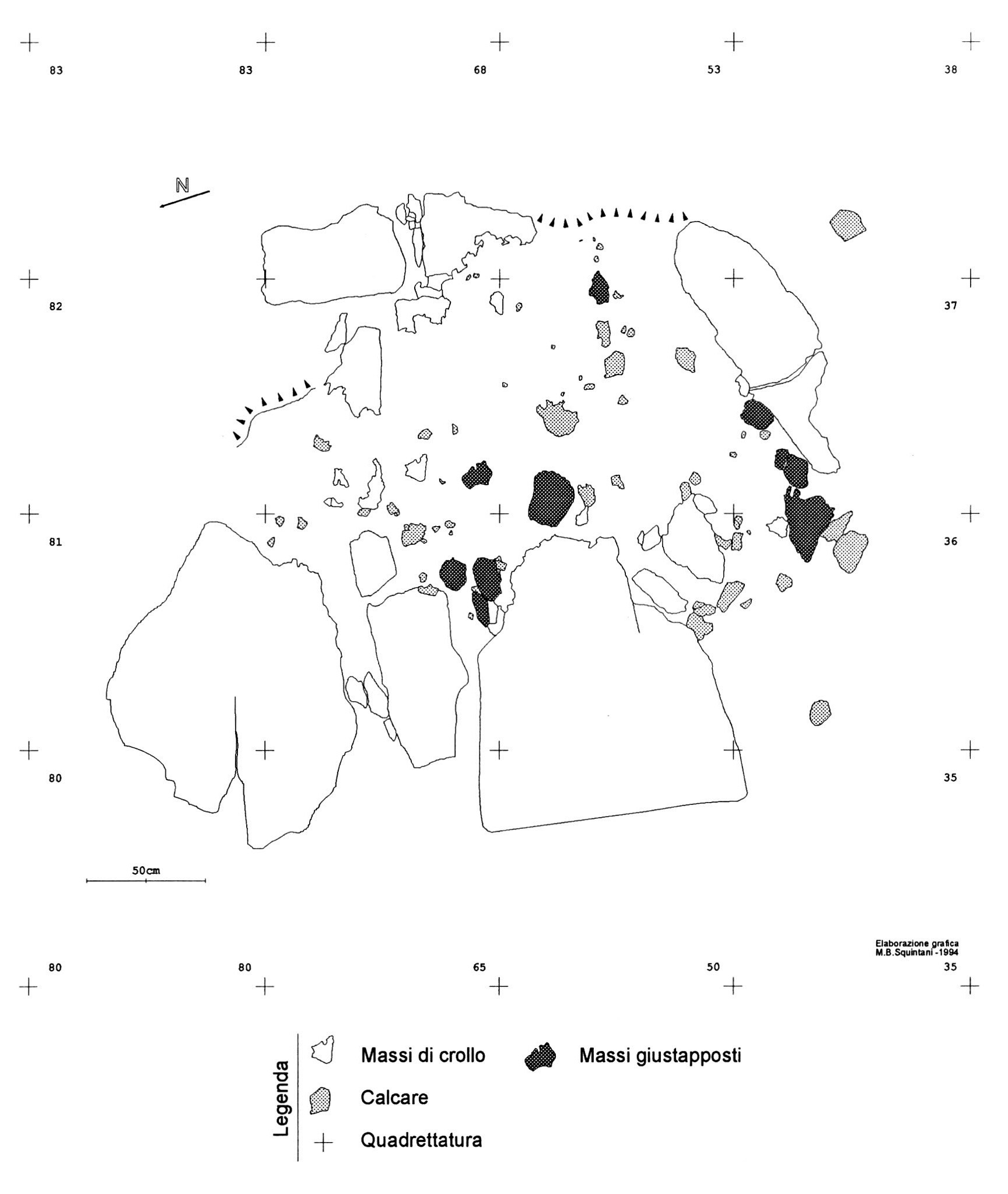 Fig. 2 - Elaborato vettoriale mostrante la particolare distribuzione dei massi giustapposti (appoggi ti sulla supe ficie d_ell?' struttura e no_n i_mm_ersi in !'!Ssa) e cfel pietrisco calcareo m rapporto a1 massi d1 crollo. Verosimile, m particolare per la zona Sud-Ovest, l'ipotesi di un'opera intenzionale di contemmento.