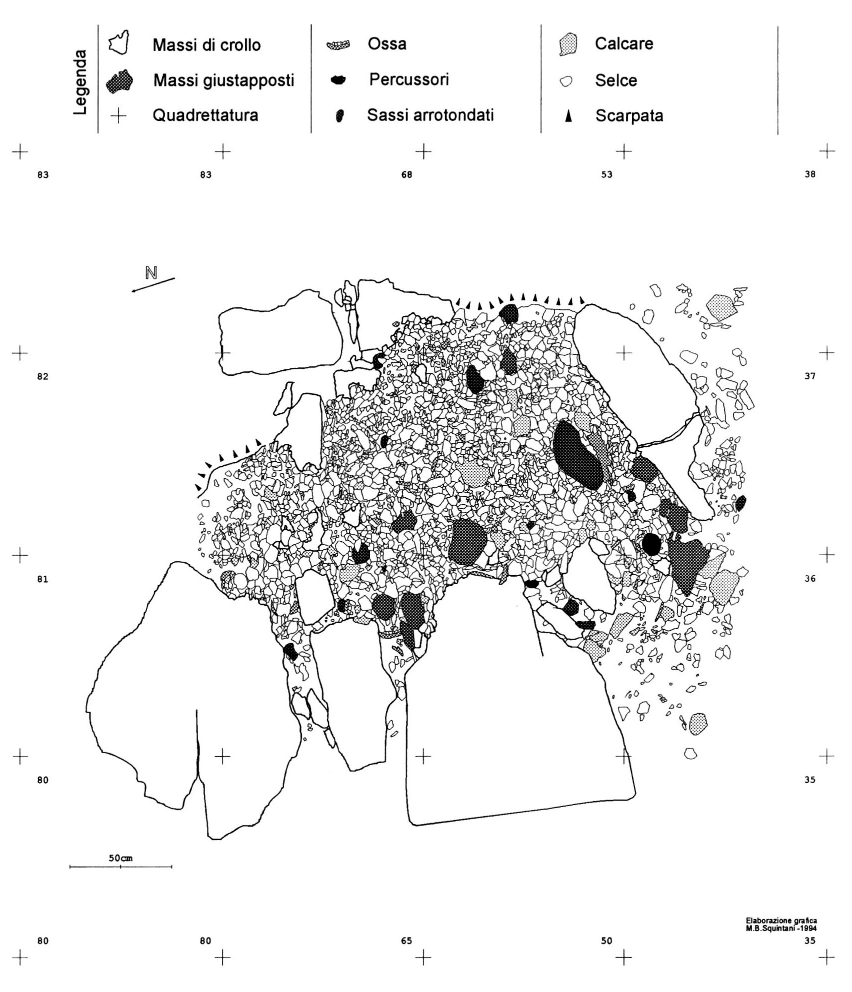 Fig. 4 - Elaborato vettoriale generale del I décapage della superficie epigravettiana della I officina litica. Visione globale con distri6uzione1 localizzaz10ne ed interpreta­ zio e di tutti gli 9ggetti presenti. I tematismi sono aefiniti da campiture a percen­ tuali crescenti d1 nero.