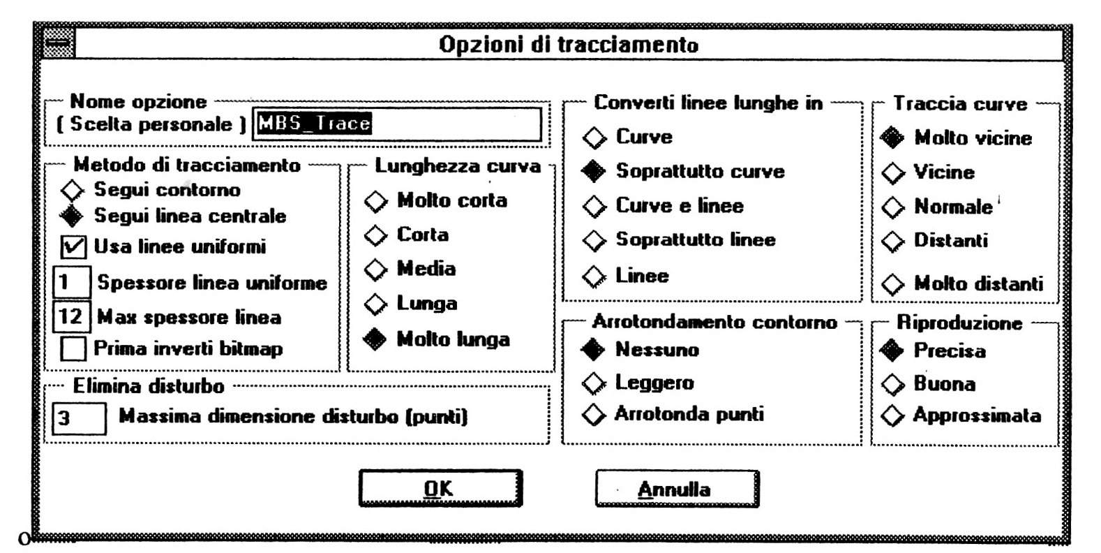 Fig. 6 - Hard copy delle opzioni di tracciamento scelte nel programma Core! Trace 3.0.