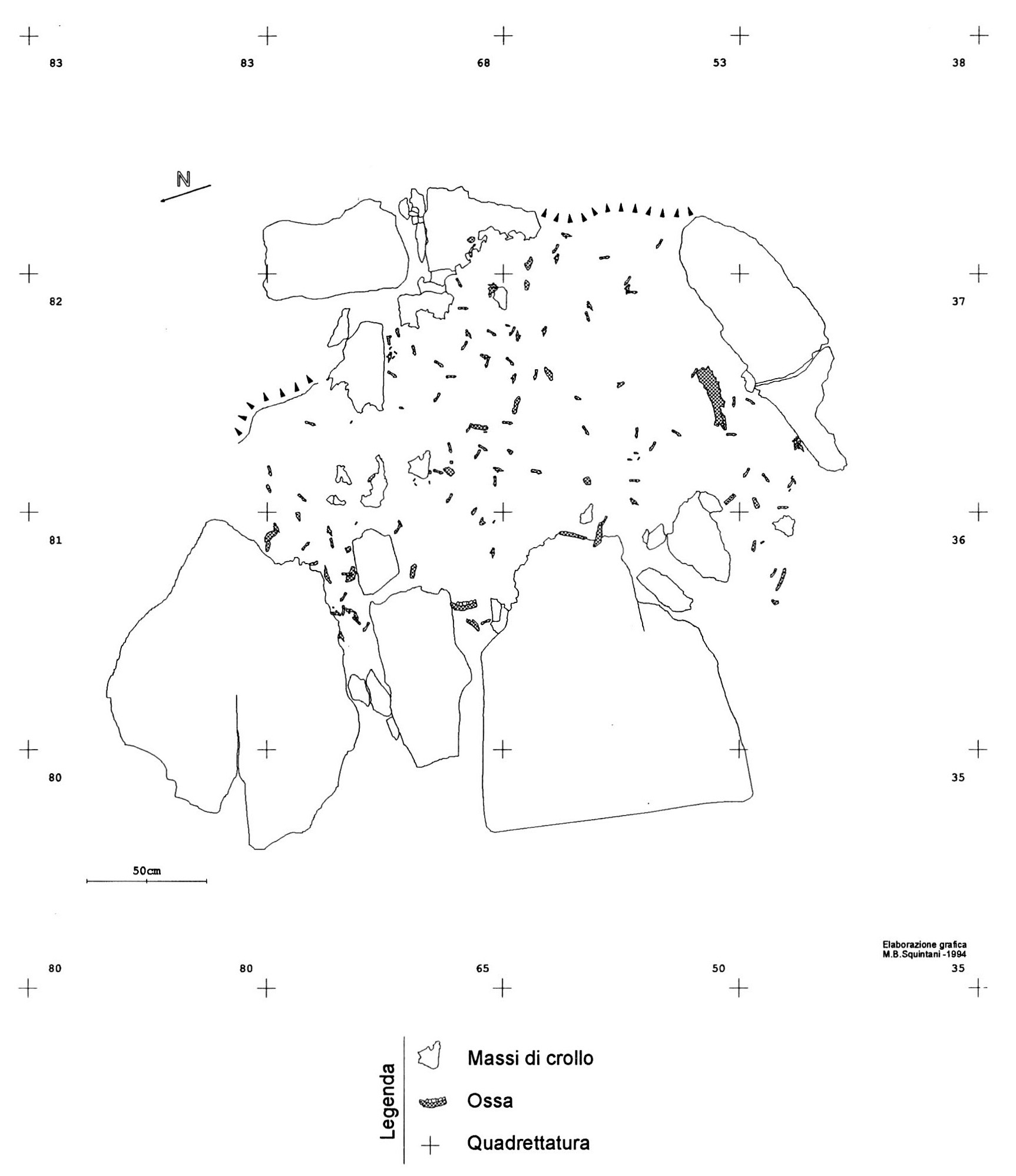 Figg. 9-10 - Elaborati vettoriali della superficie della I officina litica. Distribuzione degli oggetti del I, II e III décar,age r,er tematismo. Gli esempi riportano la distribu­ z10ne dei frammenti ossei e dei ciottoli calcarei arrotondati. Tra questi ultimi, in evidenza nel q. 52, un ciottolo che è risultato essere dipinto m ocra rossa con un motivo geometrico a bande parallele.