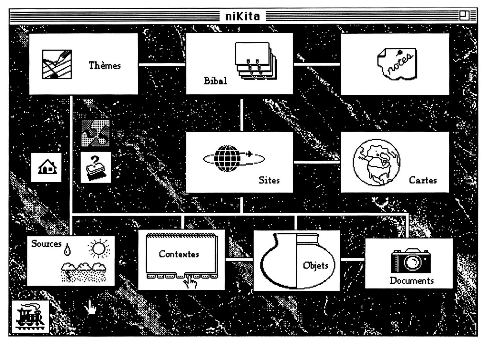 Fig. 1 - La pile de base de NiKita. Un simple click sur une icòne permet d'accéder au ficliier correspondant. Les cheminements logiques entre !es fichiers sont figurés par !es blancs. Rien n'interdit toutefois une consultation beaucoup plus souple.