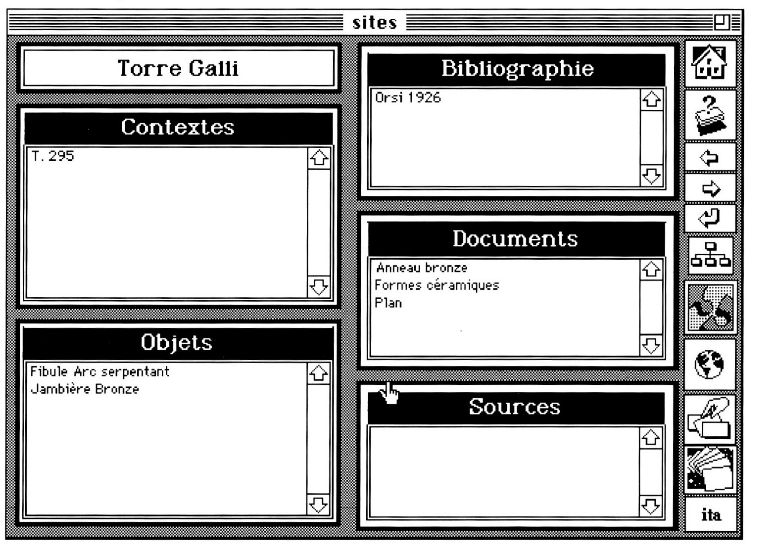 Fig. 4 - La fiche site centralise toutes !es réferences de la documentation qui lui correspond. Camme la plupart des fiches de ce type dans NiKita, elle est automatiquement complétée au fur età mesure que des nouveaux documents viennent s'ajouter dans la base.