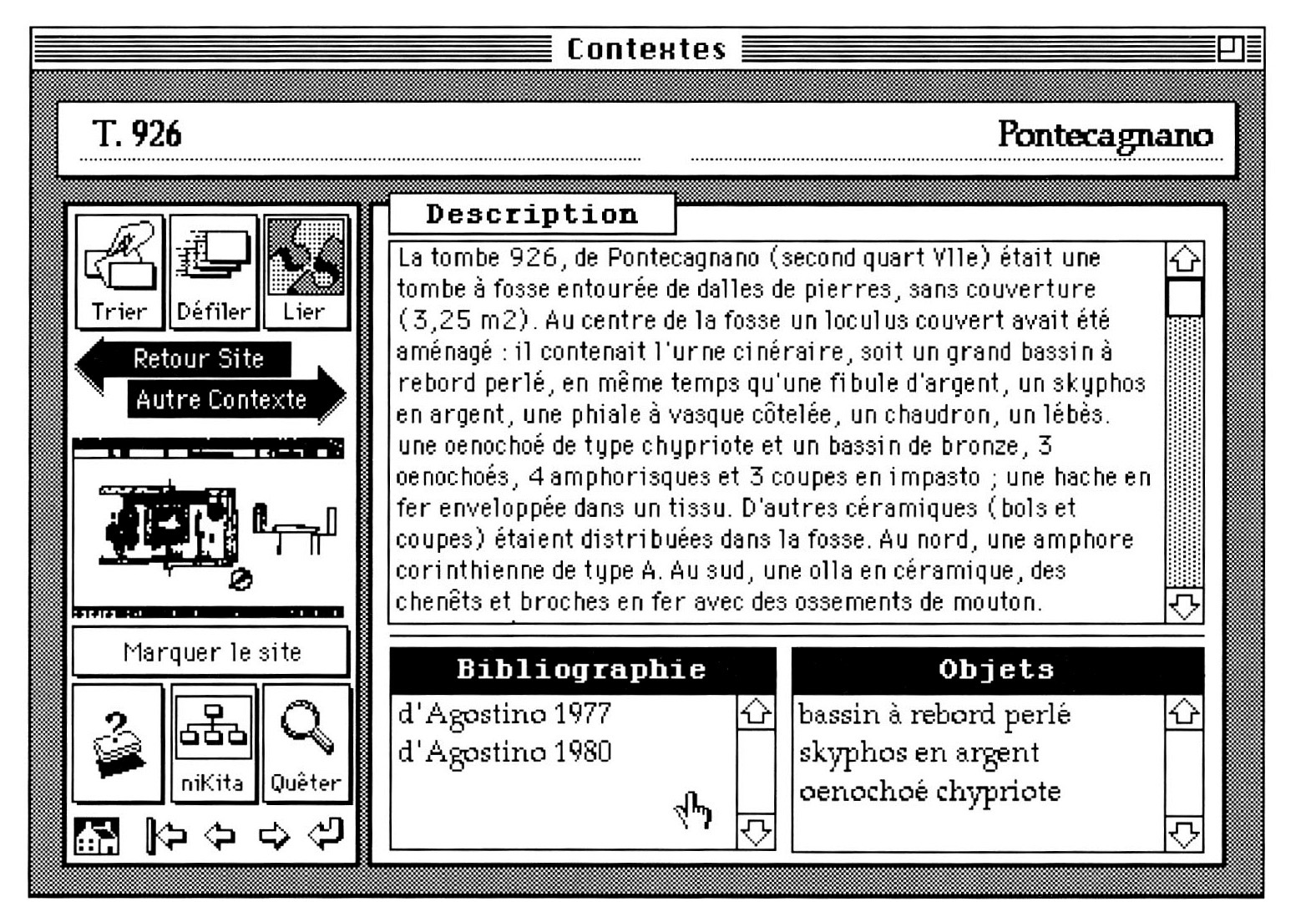 Fig. 5 - Une fiche contexte; des modes de consu!tation particuliers sont possiblesifomme la visualisation des différents contextes qui apP.artiennent au meme site. un click sur l'illustration de taille réduite permet d'accéder à la fiche document qui porte l'illustration de taille normale. :Ca mème action sur le nom d'un objet ou une reférence bibliographique permet d'atteindre les fiches correspondantes dans les fich1ers respecufs.